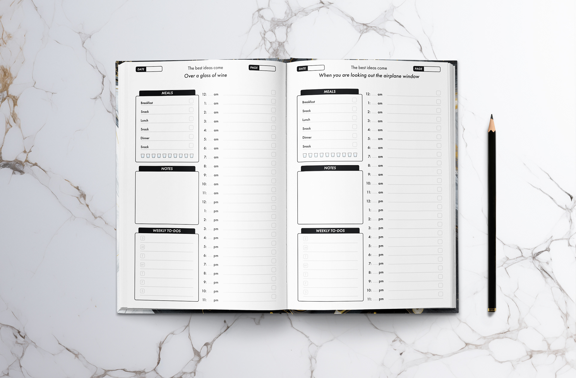Interior pages of Nomad Crayon's My Day planner with day planner sheets