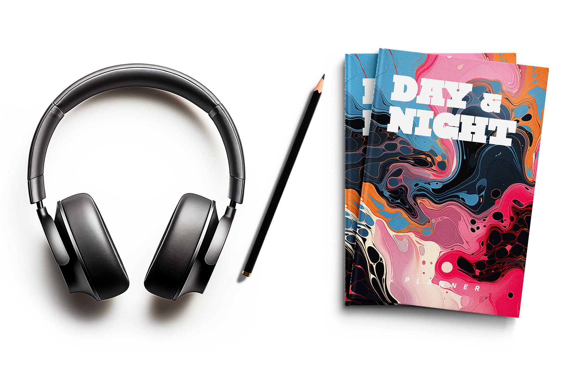 two front covers of Day & Night planner alongside headphones, because music always accompanies creative work