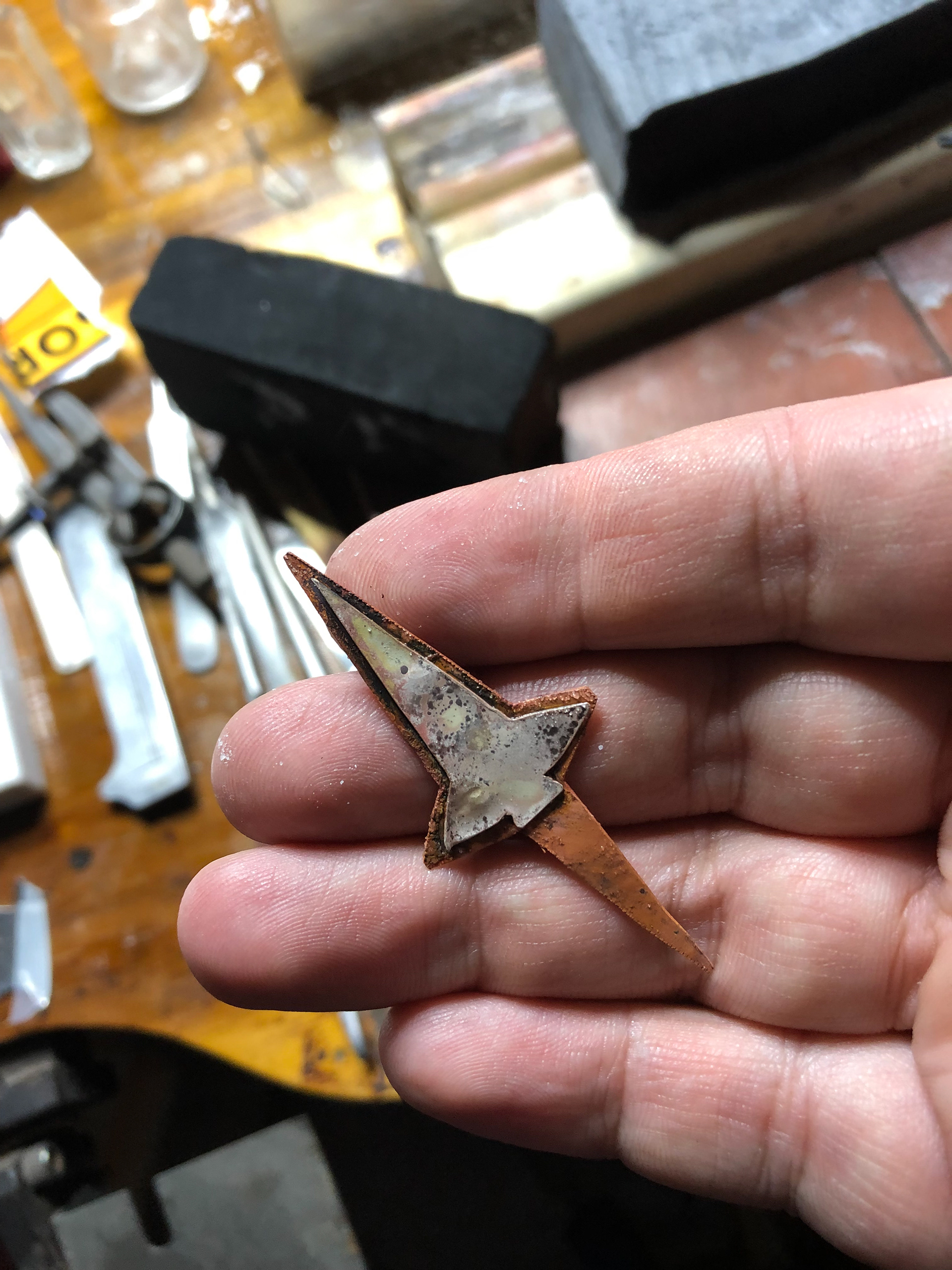 A 10 minute challenge. I created this tie bar with silver and copper to wear as a tie bar for a special event.
