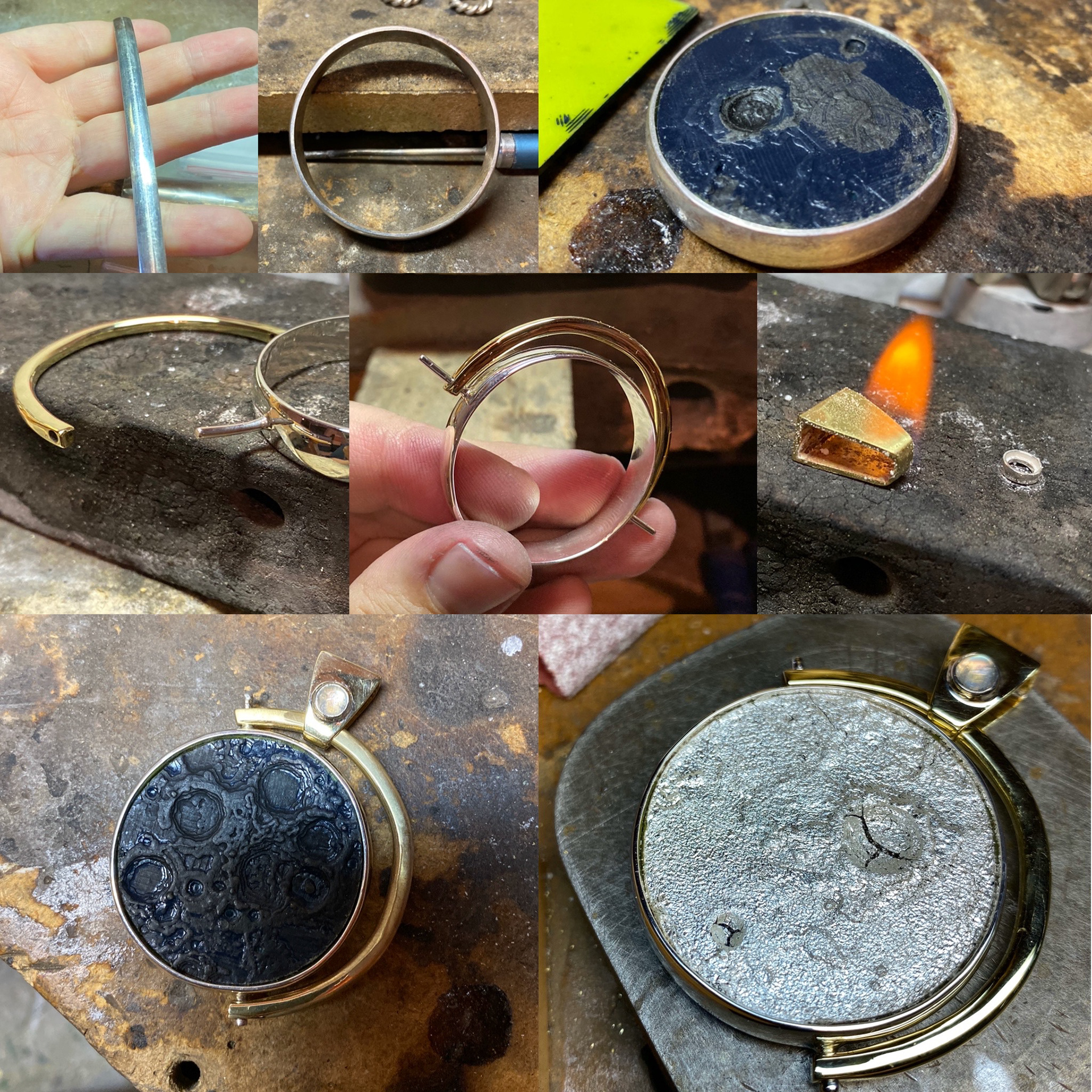 A handmade one-of-a-kind 3D printed lunar near and far side pendant. This silver, brass, moonstone, and silver leaf over 3D printed PLA swivels, allowing the wearer to display the near or far side of Earth's Moon.