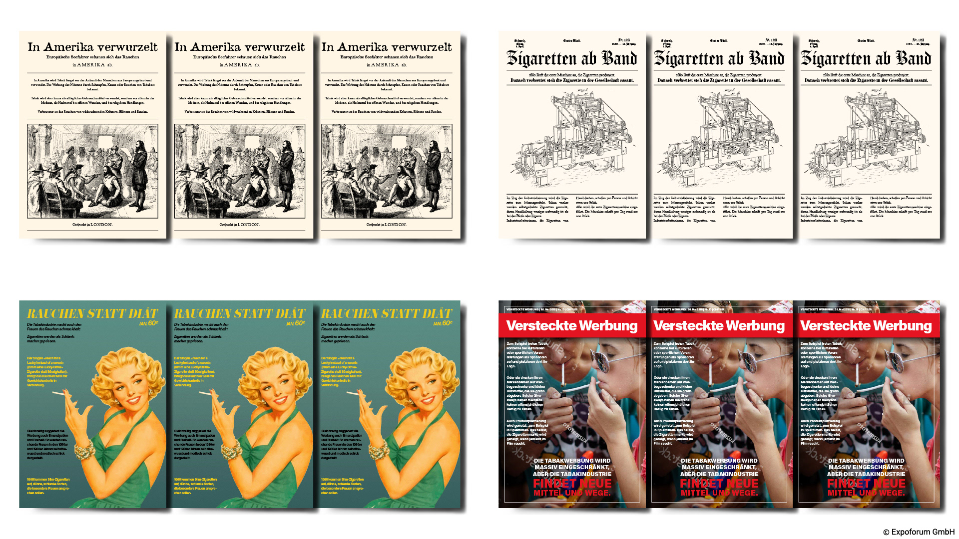Zeitungen im «History Kiosk» mit den vermittelnden Inhalten in den Layouts eingebettet