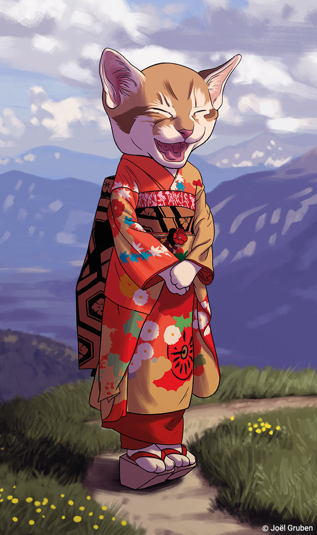 private Illustration von der Katze in einem Kimono