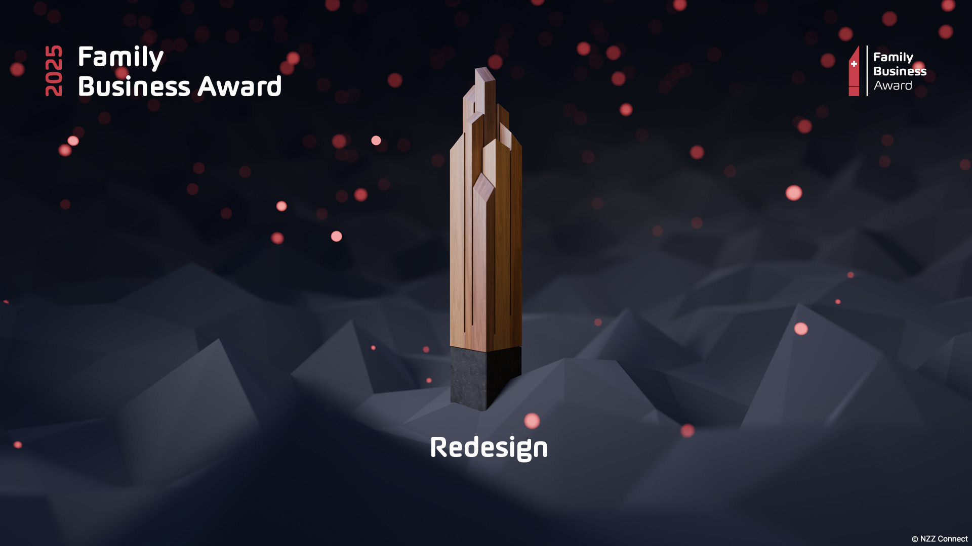 Das fertige Design mit der 3D-modellierten Trophäe, der abstrakten Landschaft und den leuchtenden Punkten im AMAG-Rot