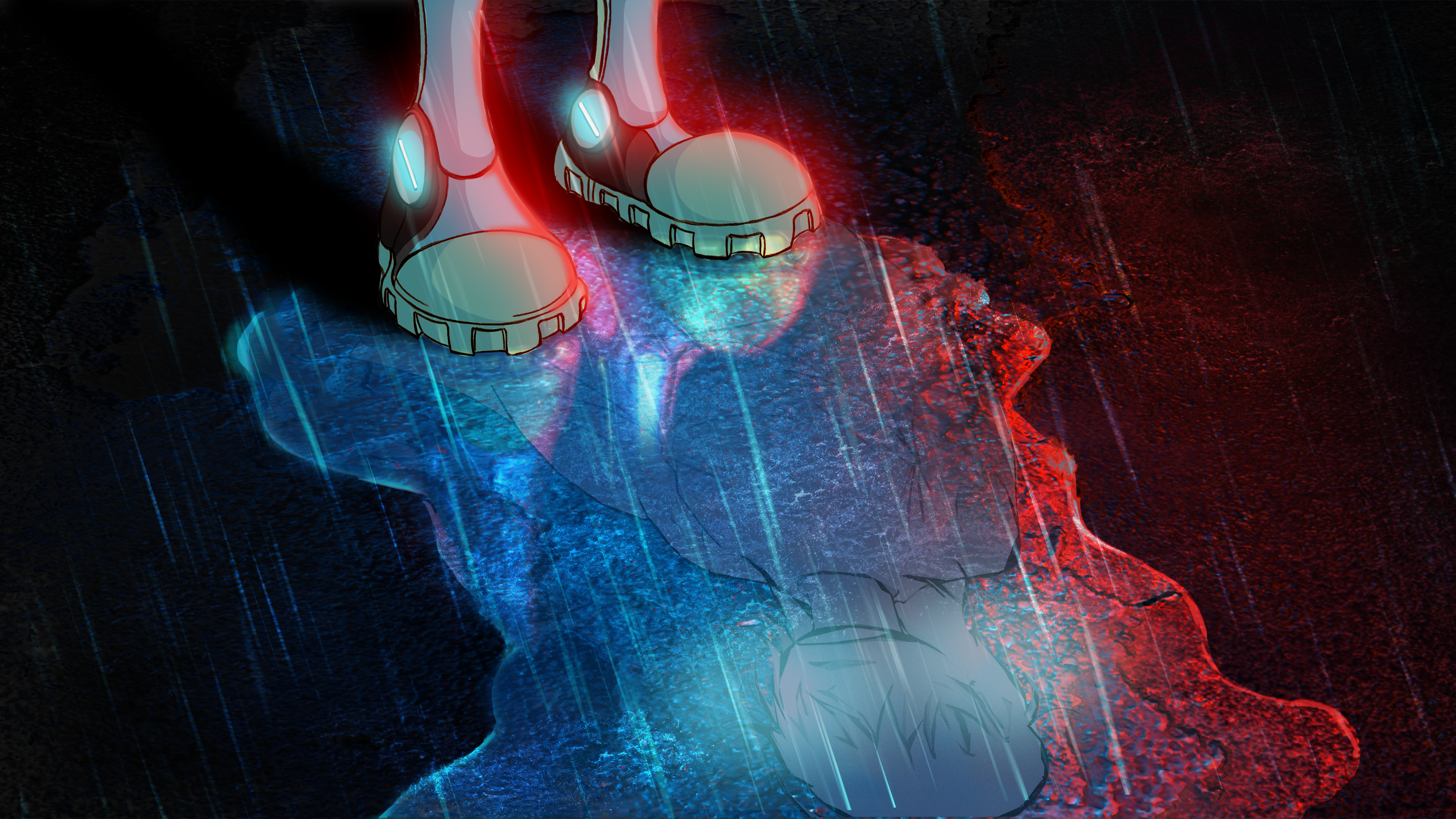 A.R.A looking at her reflection of Tara, the deceased daughther of her creator John, who attempted build her in his daughter's former image.