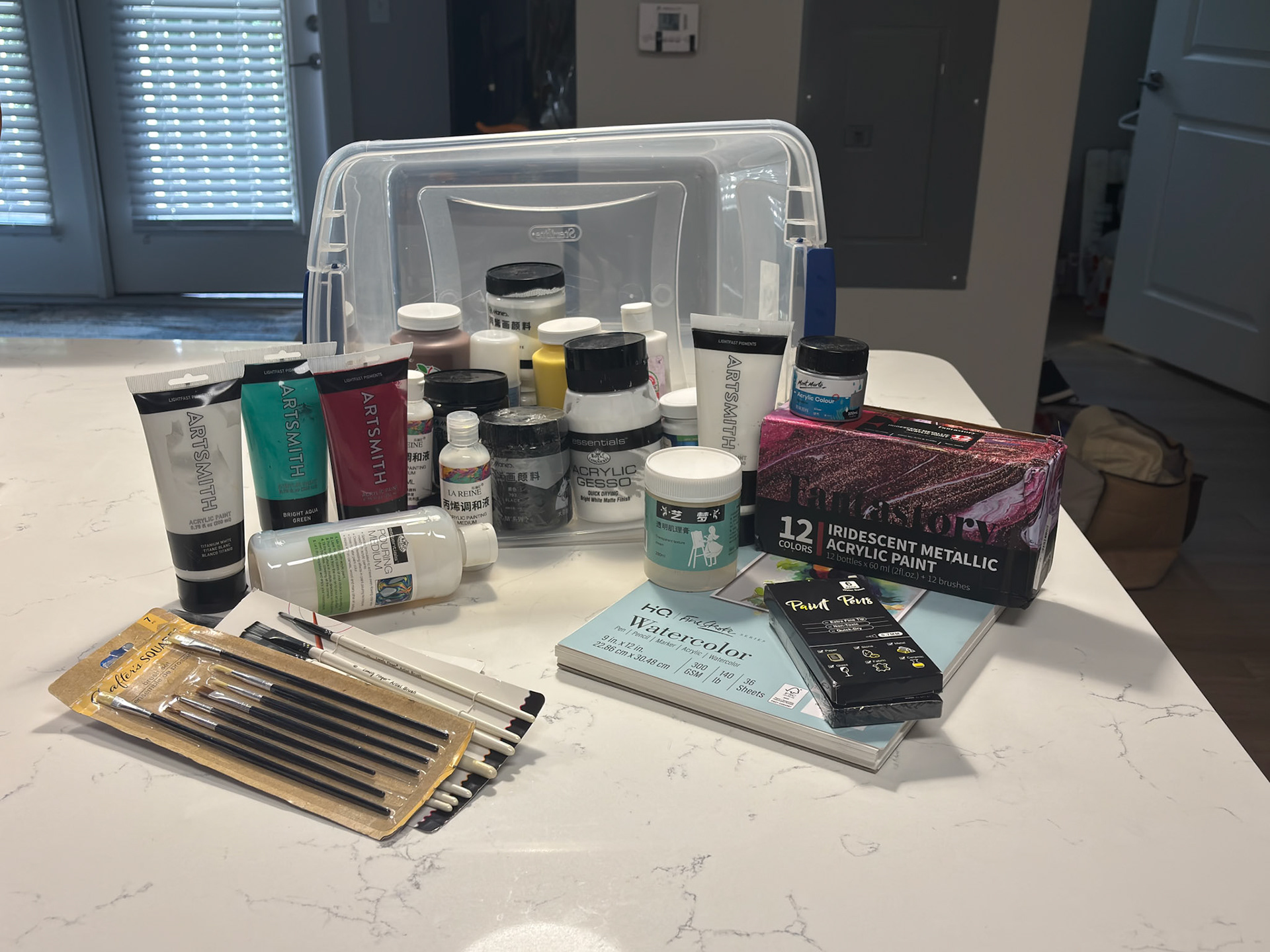 New & Used paint. New gel pens. New brushes. New watercolor pad. Great starter bundle for a beginner.