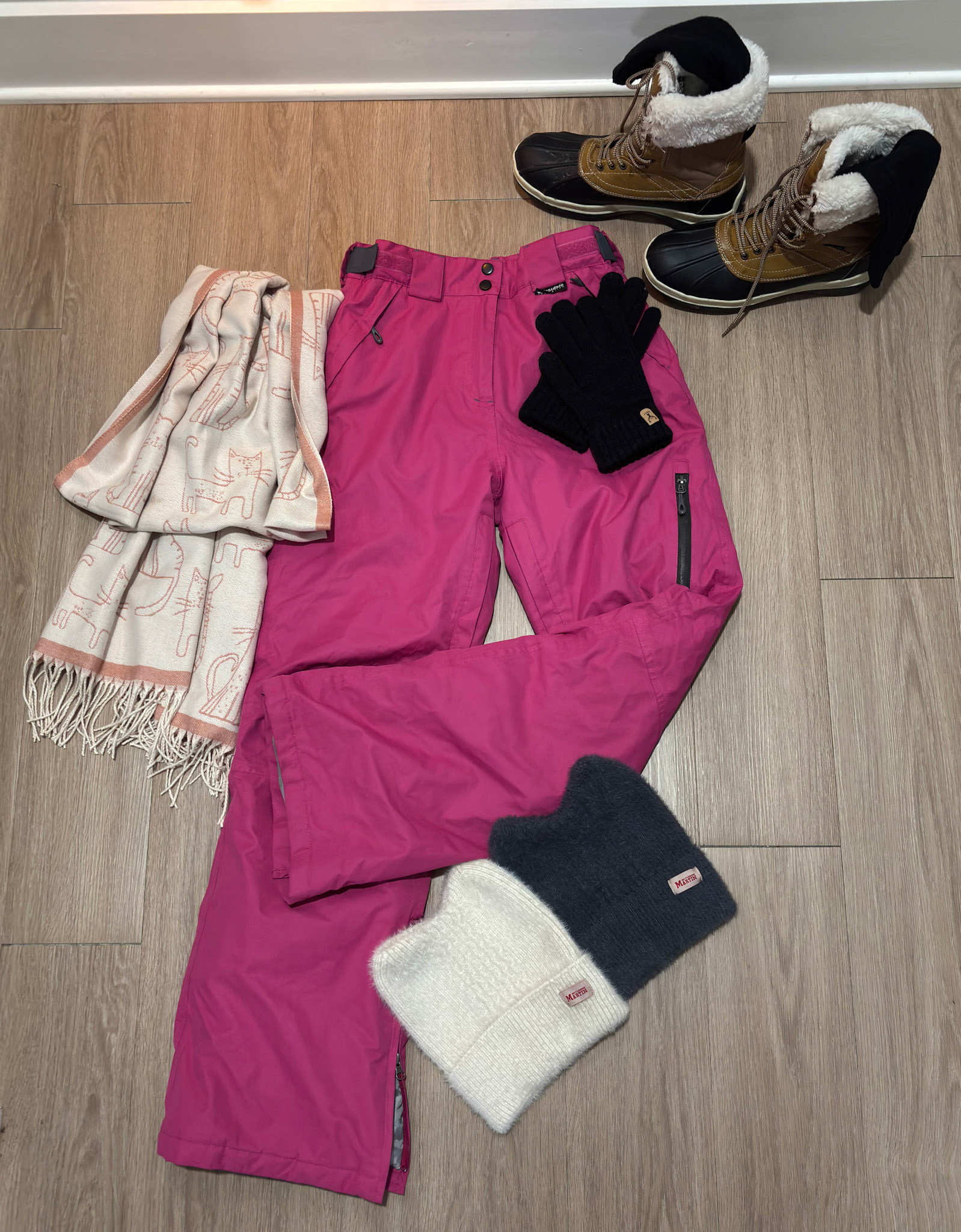 $85. Winter ski pants, boots, cat scarf, cat beanies, socks. Gloves