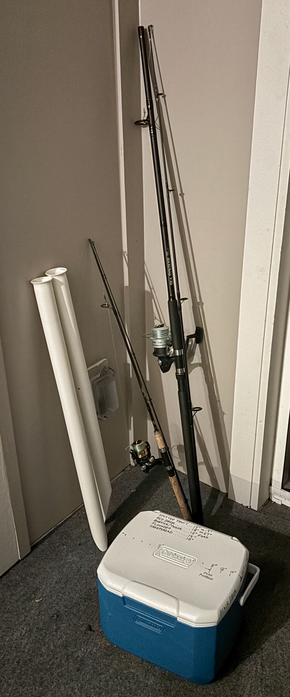 2 Rods. Coleman cooler. 2 sand spike rod holders. Sea Striker 10’ length, 15-30# line weight. 