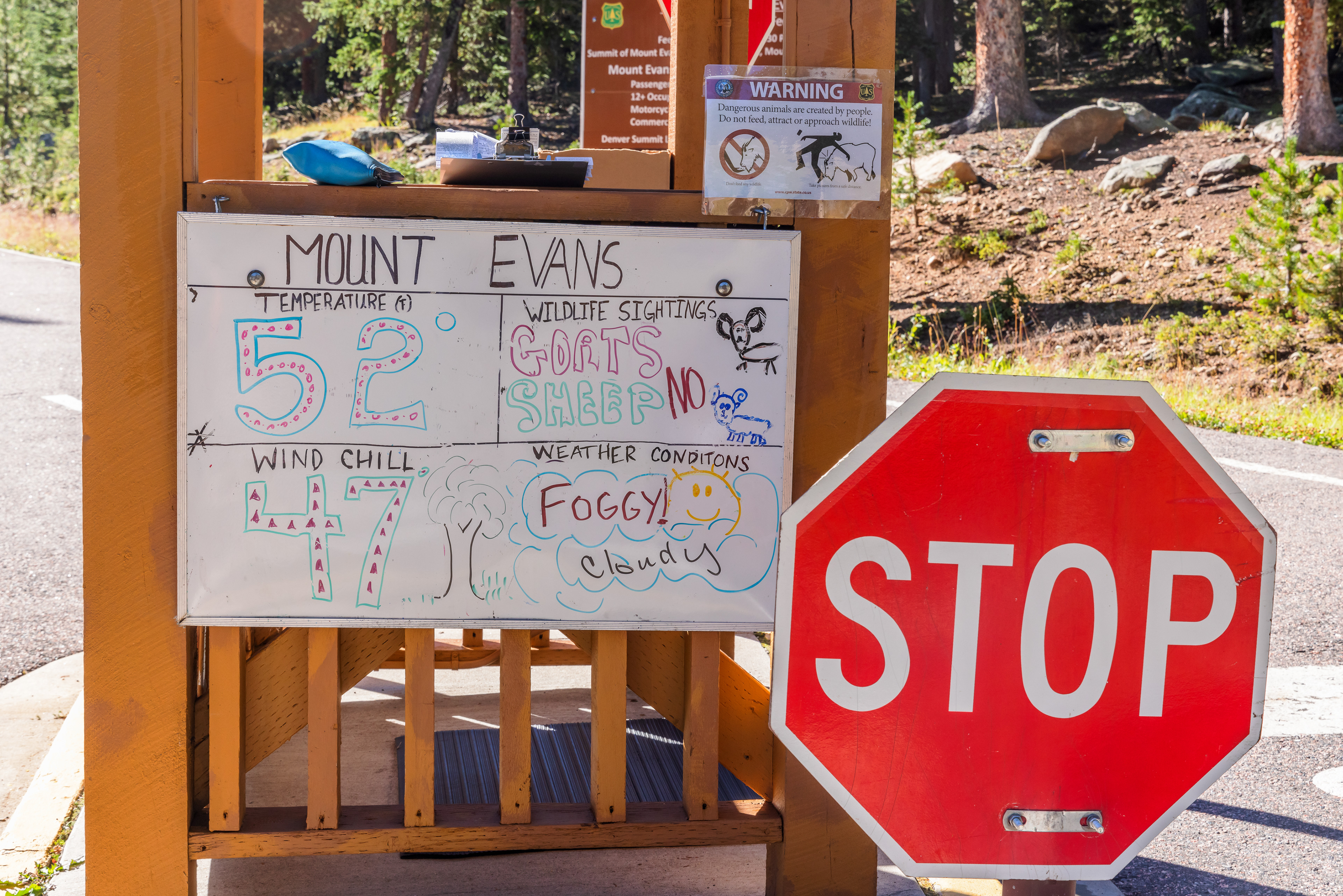 A sign at the entrance to the Mount Blue Sky road (formerly Mount Evans) details the weather at the top of the mountain, including wildlife sightings the day.