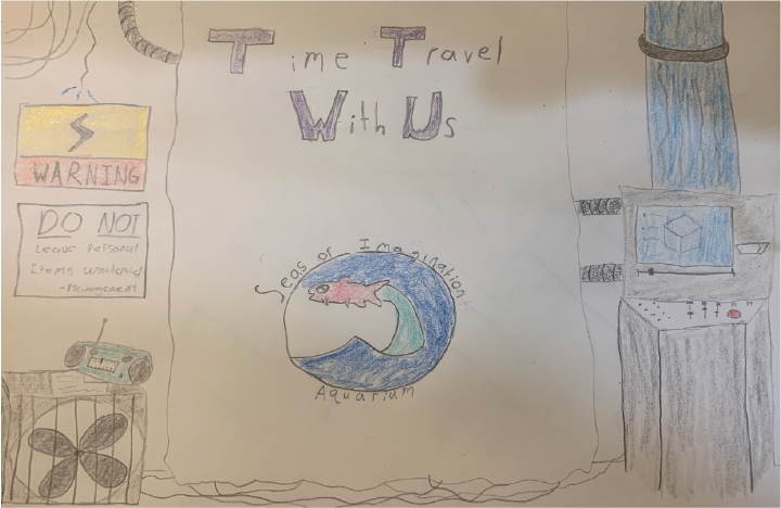 A concept drawing of the back wall of the loading area of the ride. It is meant to show the imaginary technology running the time machine, with some of it covered up by a banner advertising the ride.