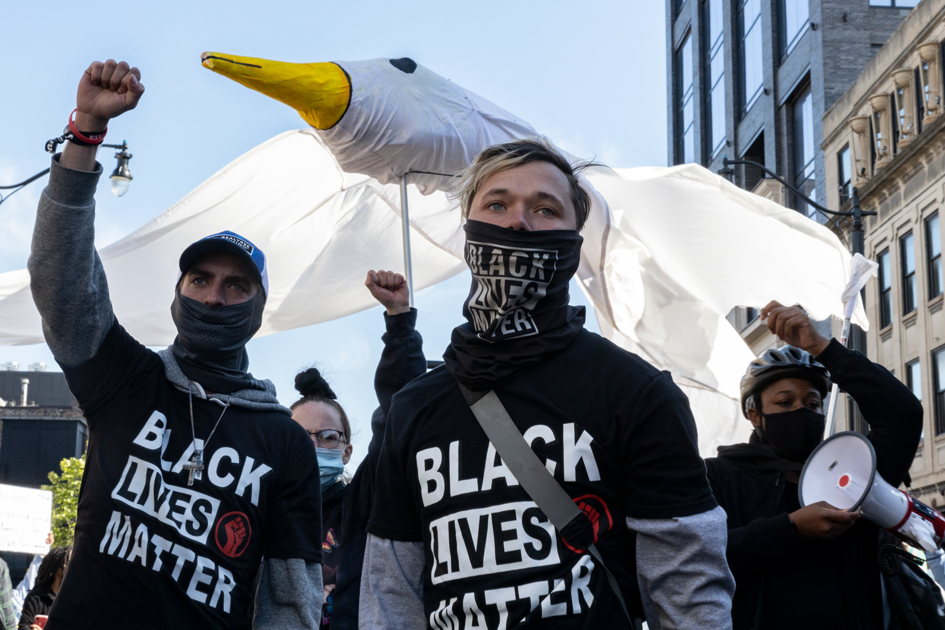 Black Lives Matter activists march on High St. carrying a large dove to commemorate Ma’Khia Bryant, 16, during a protest against the police killing of Ma’Khia Bryant by Columbus Police in Columbus, Ohio on April 25, 2021.