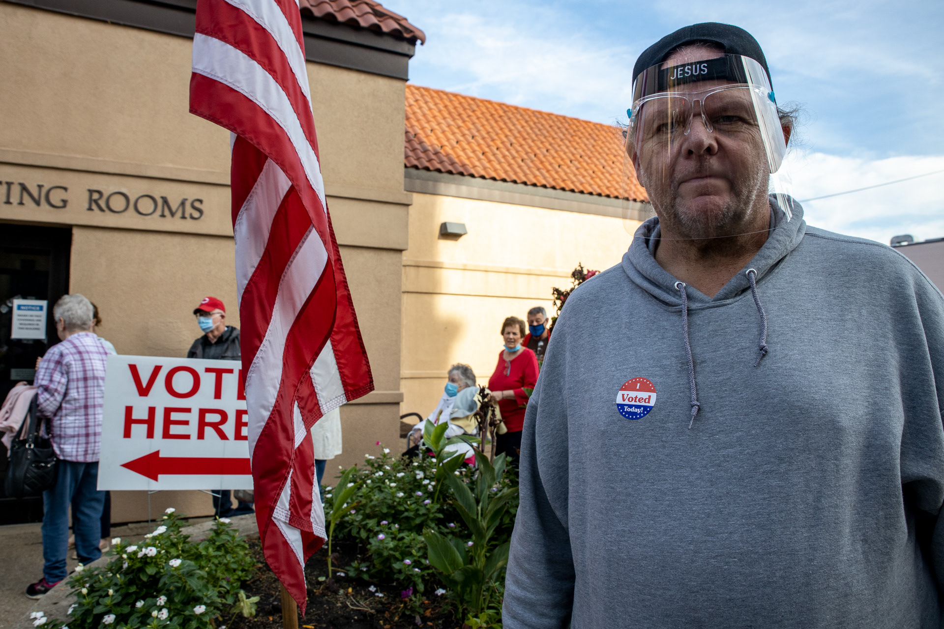 Early voter shows off their "I Voted Today!" sticker after casting their ballot at the Judge Black Annex polling station in Downtown Parkersburg, W.Va on Oct. 21, 2020. Voters lined up for the first day of early voting in West Virginia, and Wood County Clerk Mark Rhodes estimated receiving 127 ballots for his four polling locations within the first 45 minutes of the polls being opened. 