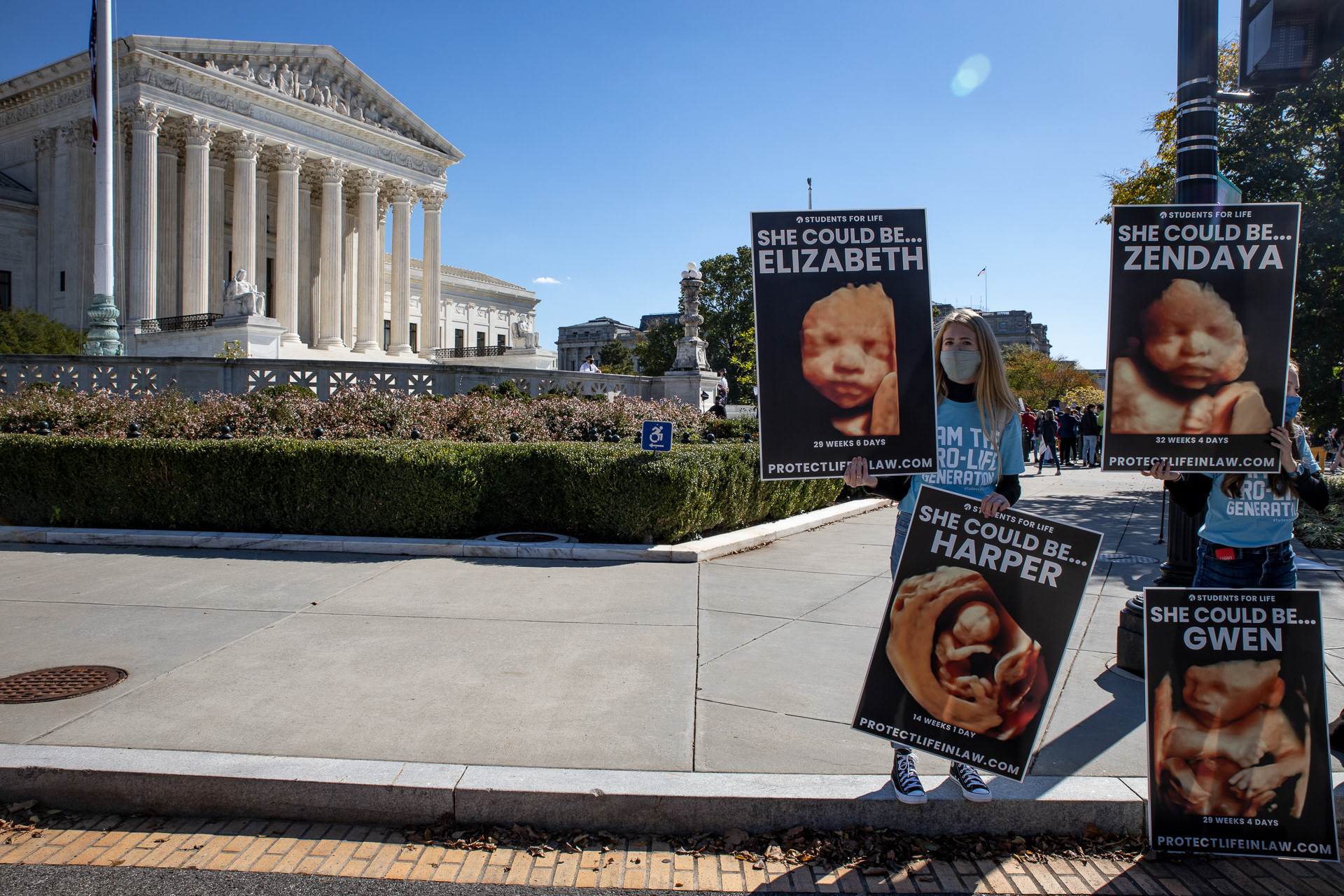 Students For Life, an anti-abortion organization, set up a counter protest of the Women's March in front of the Supreme Court in Washington, D. C. on Oct. 17, 2020. Women's March, a feminist organization, planned a rally and march to bring opposition against President Donald Trump, and Trump’s plans to fill the Supreme Court seat left by Ruth Bader Ginsburg with conservative nominee Amy Coney Barrett. 