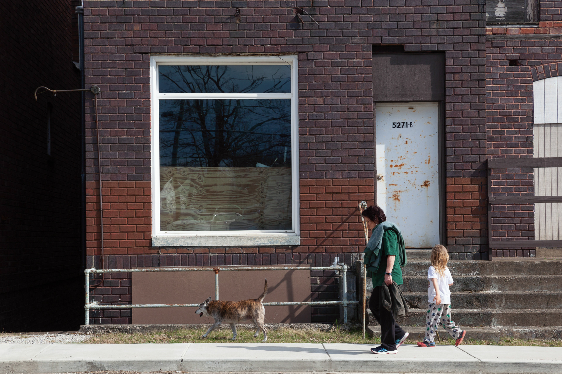 Debbie Essman, of Albany, Ohio, walks Jaimeson Hayes, of Albany, Ohio and Dixie the dog through downtown Albany, Ohio on Washington Rd. Mar 28, 2019.