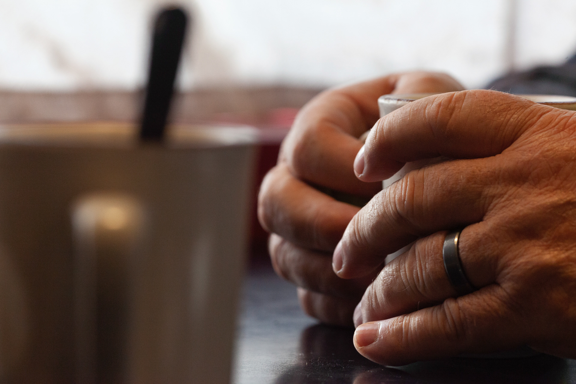 Chuck Horvath, 65, of Albany, Ohio, sits with Gene Smith, 62, of Albany, Ohio in Ray's Harvest House in Albany, Ohio, Apr. 2, 2019. Horvath and Smith are both retired, and now drive school buses together. "Buckeyes, Trump, and fishing... That's what we live for," says Smith.
