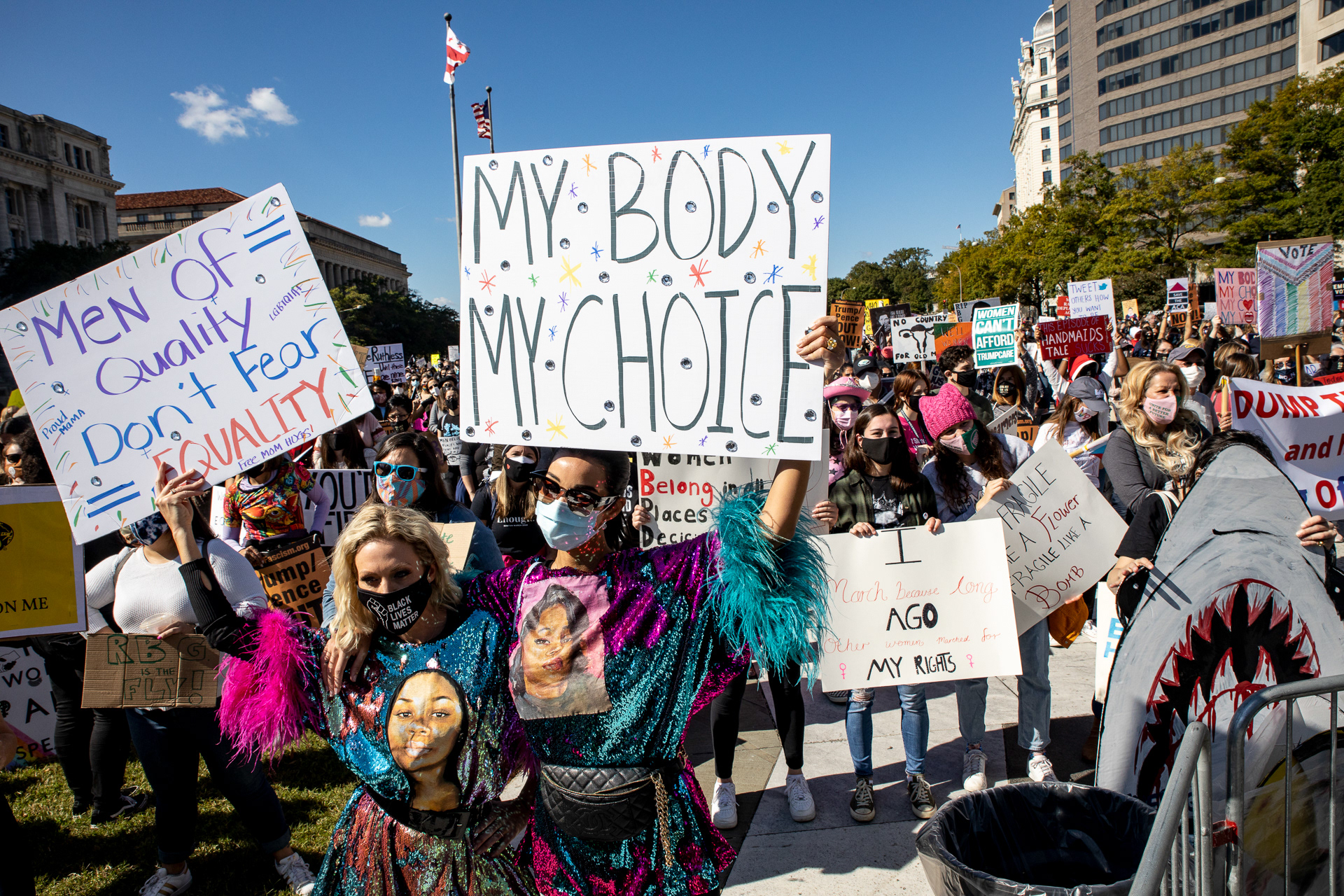 Members of the popular television show Real Housewives of Orange County, Braunwyn Windham-Burke (Left) and Noella Bergener (Right), support women at the Women's March in Washington D. C. The Women's March, a feminist organization, planned a rally and march to bring opposition against President Donald Trump’s plans to fill the Supreme Court seat left by Ruth Bader Ginsburg death with conservative nominee Amy Coney Barrett in Washington, D. C. on Oct. 17, 2020. 