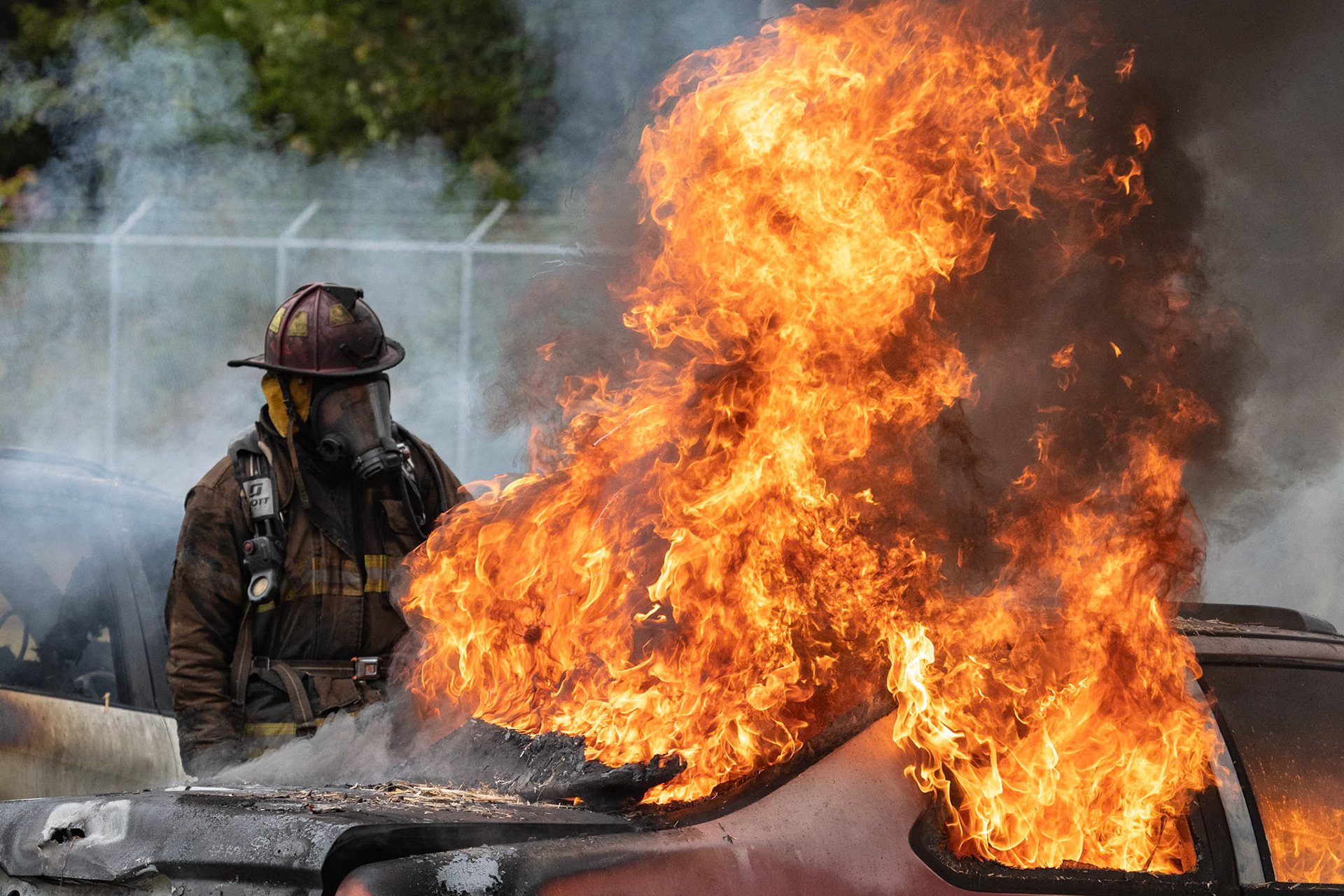 CVCC Fire academy Instructor checks on burning car during car burn exercise 10/15/24 Conover, NC