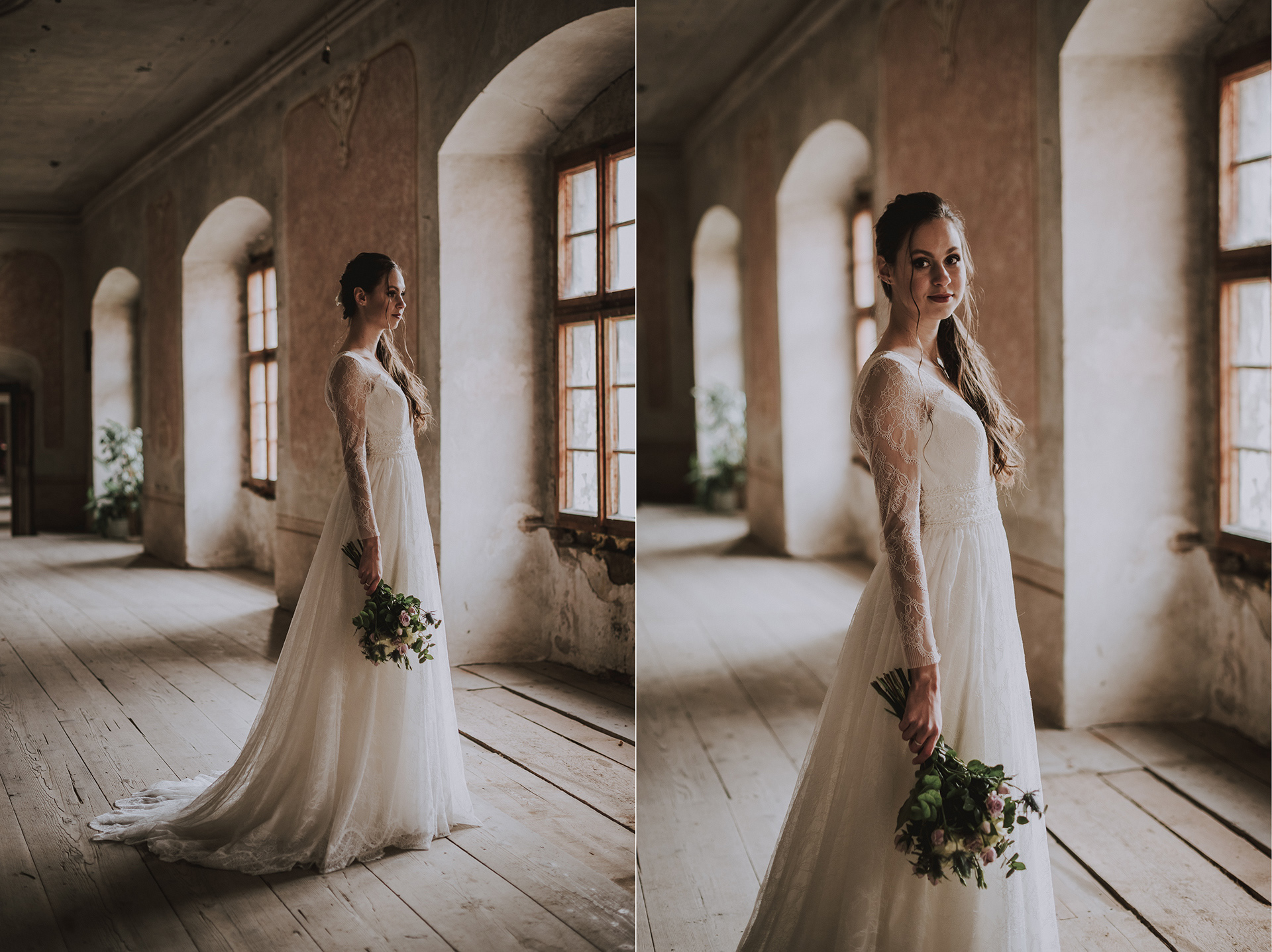 svatební editorial - foto svatebních šatů v sále zámku