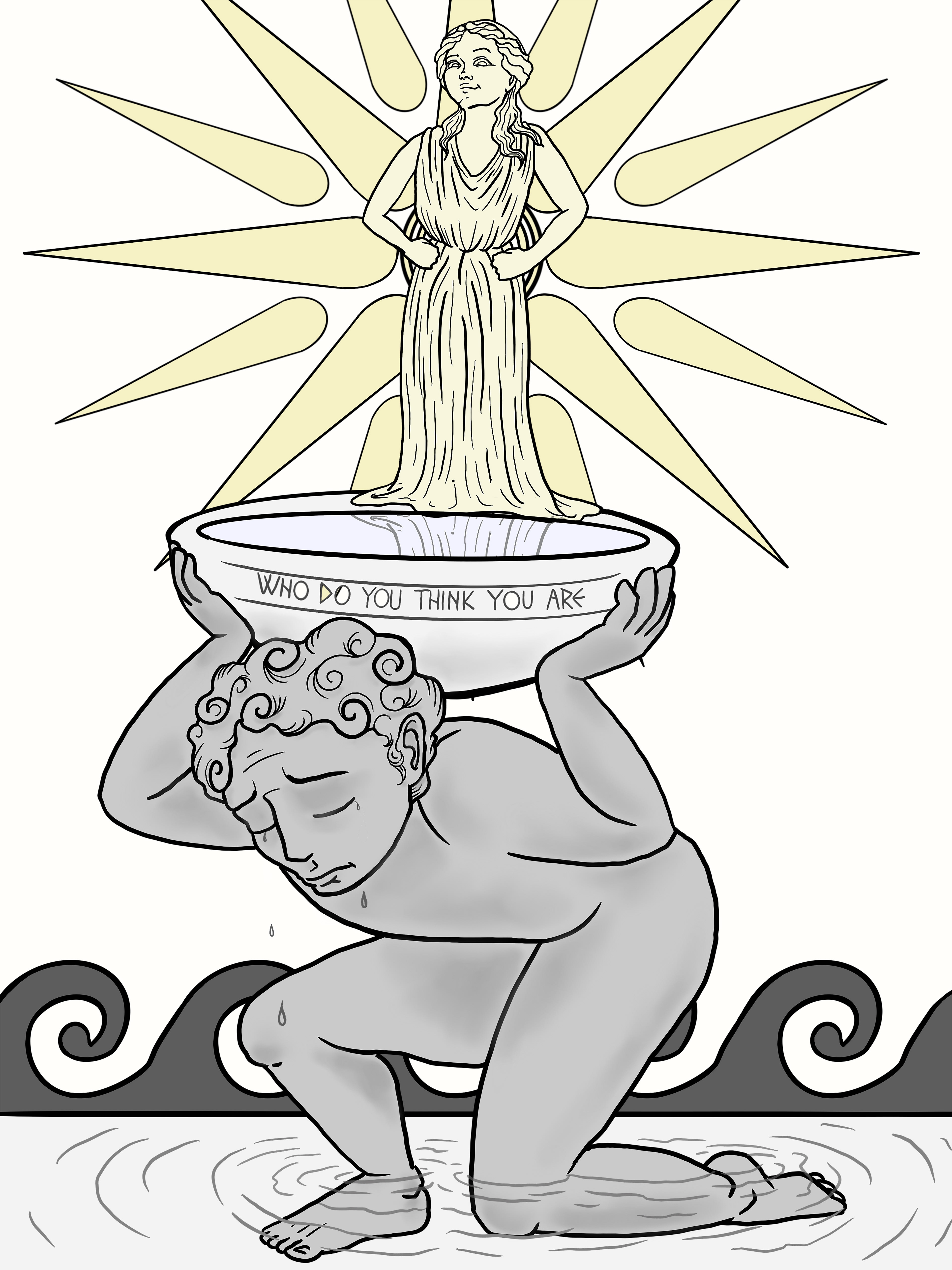 This design represents Imposter Syndrome and the Dunning-Kruger Effect with Greek art style and mythology influences. Stories of Niobe, Narcissus, Icarus, and Atlas were used as visual inspirations to create the two characters and surrounding elements. The character standing tall over a mirror represents the Dunning-Kruger effect of overconfidence and hubris, drawn smaller than the figure below. The crouched figure holds up the weighted mirror, looking down into a puddle of their own sweat and tears; representing the feeling of Imposter Syndrome. They can see and feel the labor of their work but it comes with self-doubt. The sun is a nod to the tale of Icarus flying too close to the sun, or overconfidence, and the waves represent the ever changing pride of a person in their work. The quote “Who do you think you are” ties the two figures together as it can be posed as a question or accusation depending on which person is speaking.
