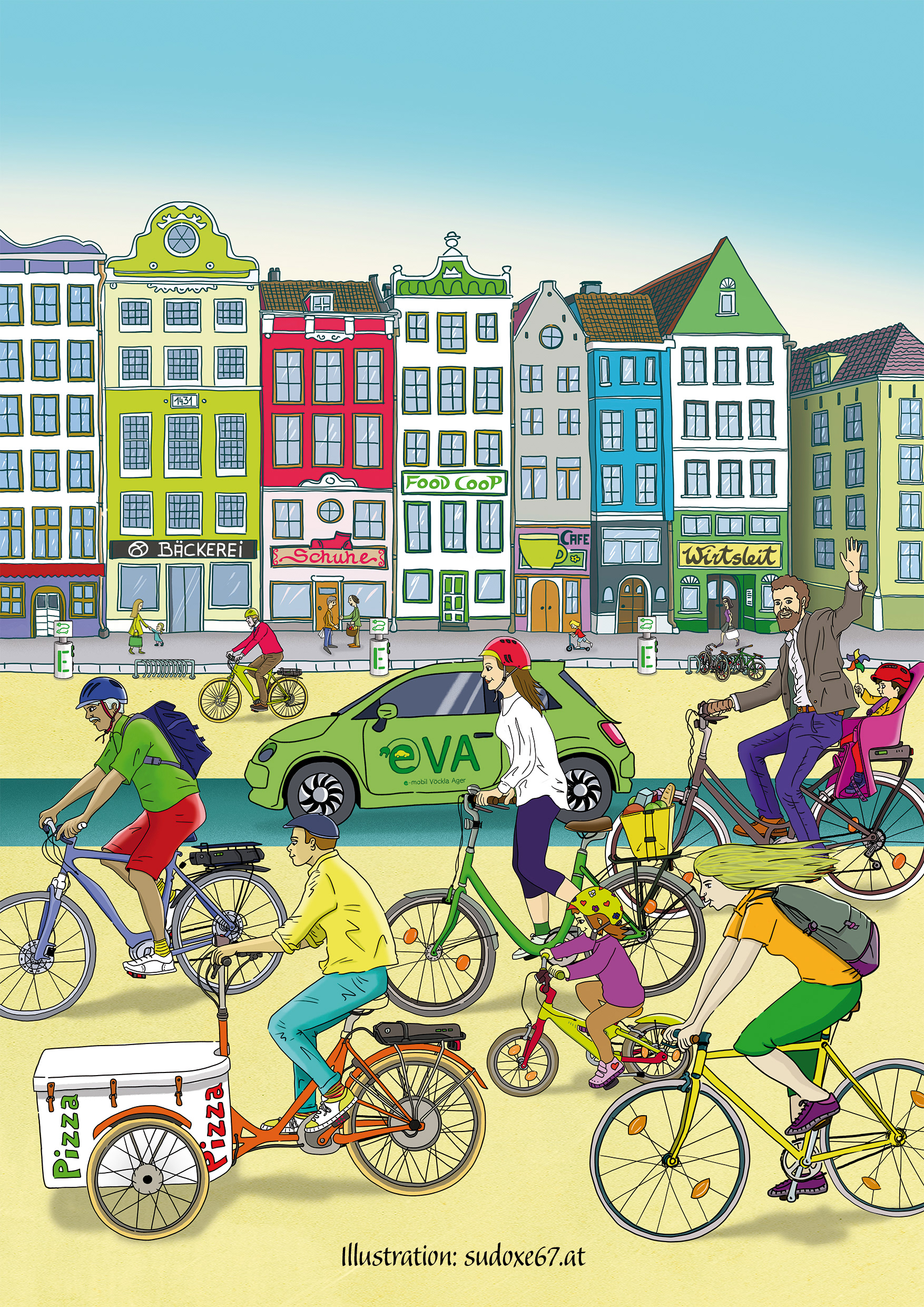 Radfahrer und ein Elektroauto beleben einen Stadtplatz.