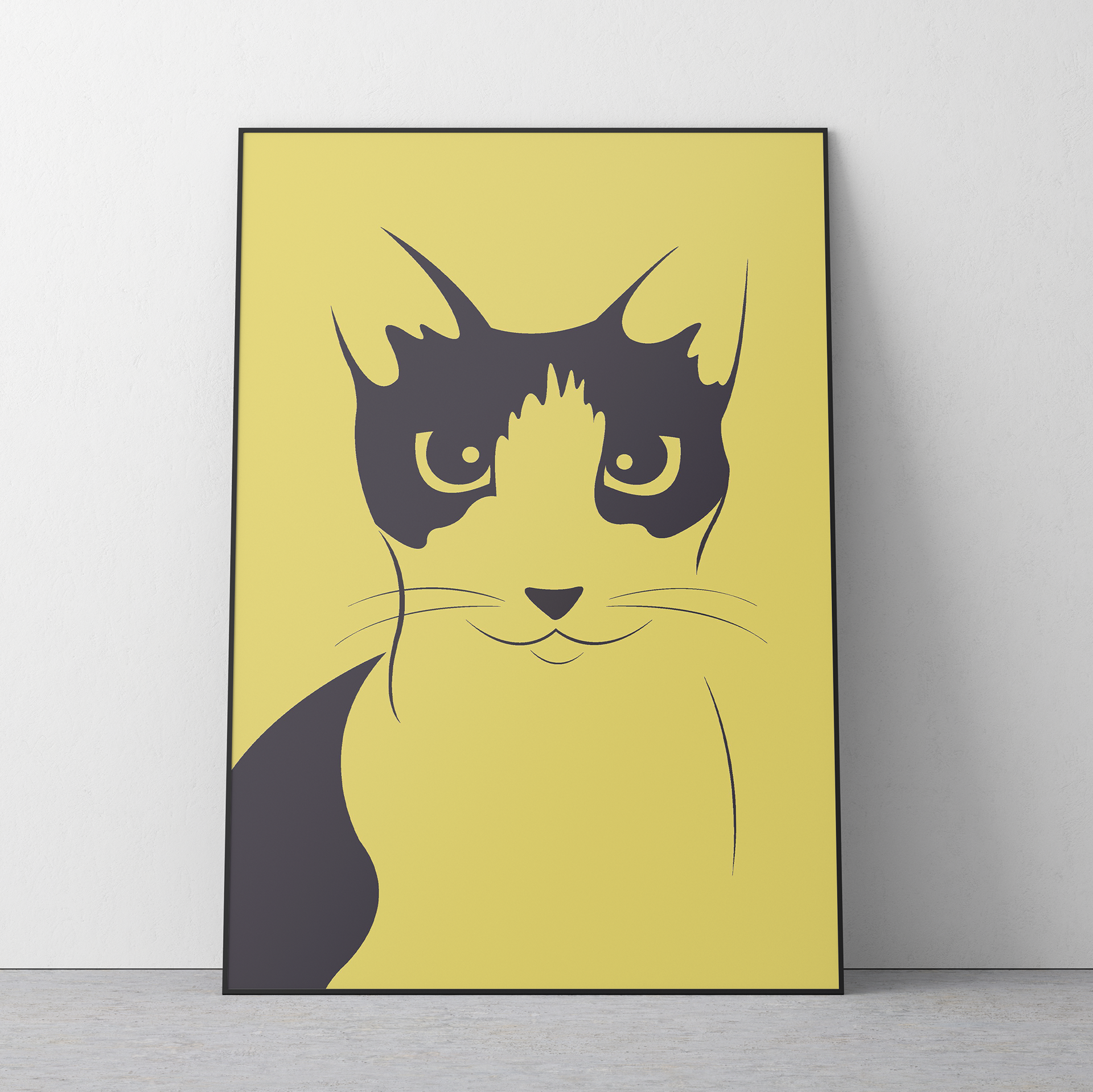 Illustration of black and white cat on yellow background