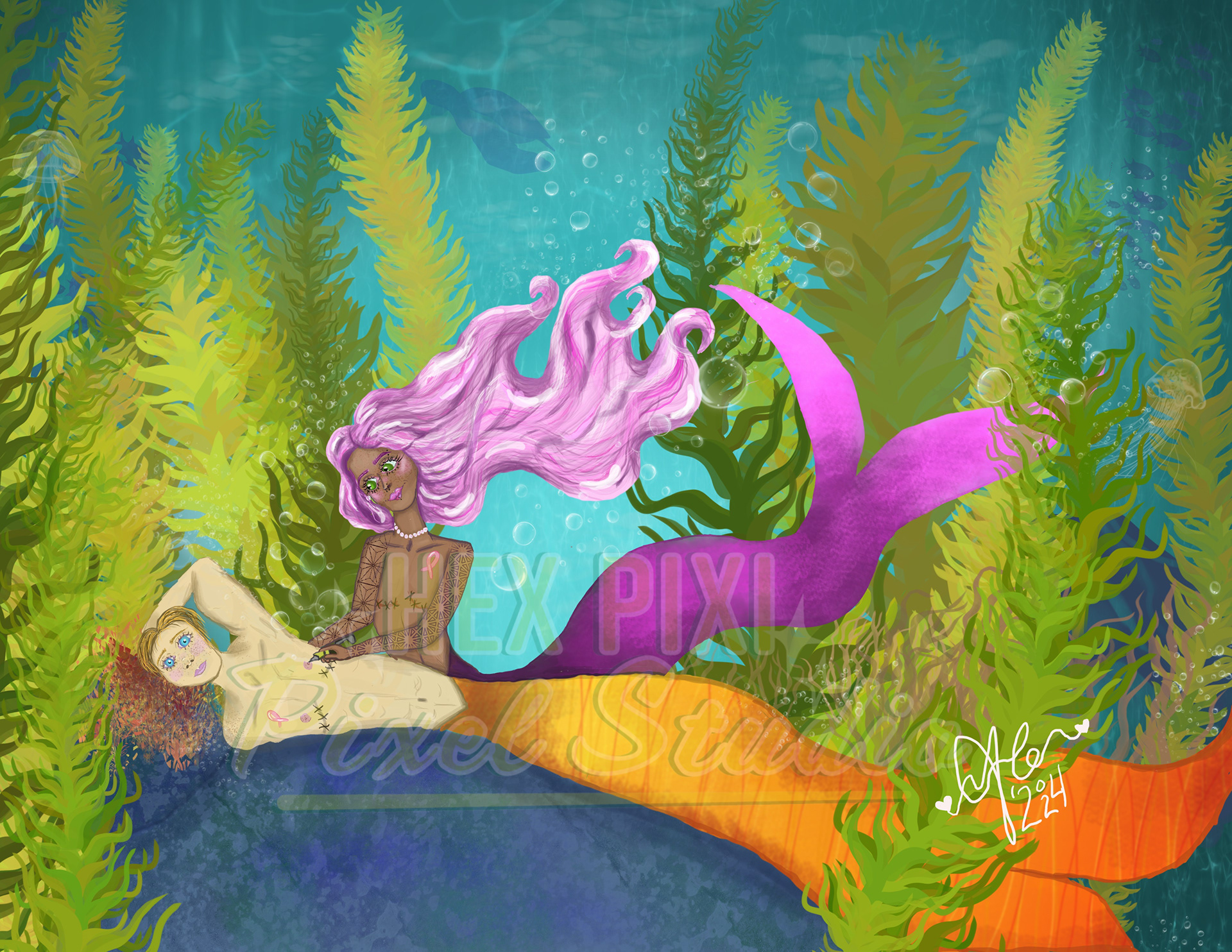 "Post Mer-ectomy Ink" For Cancer Tamer's "Breast Cancer Mermaids" Project. Procreate, 2024. Copyright donated to Cancer Tamer