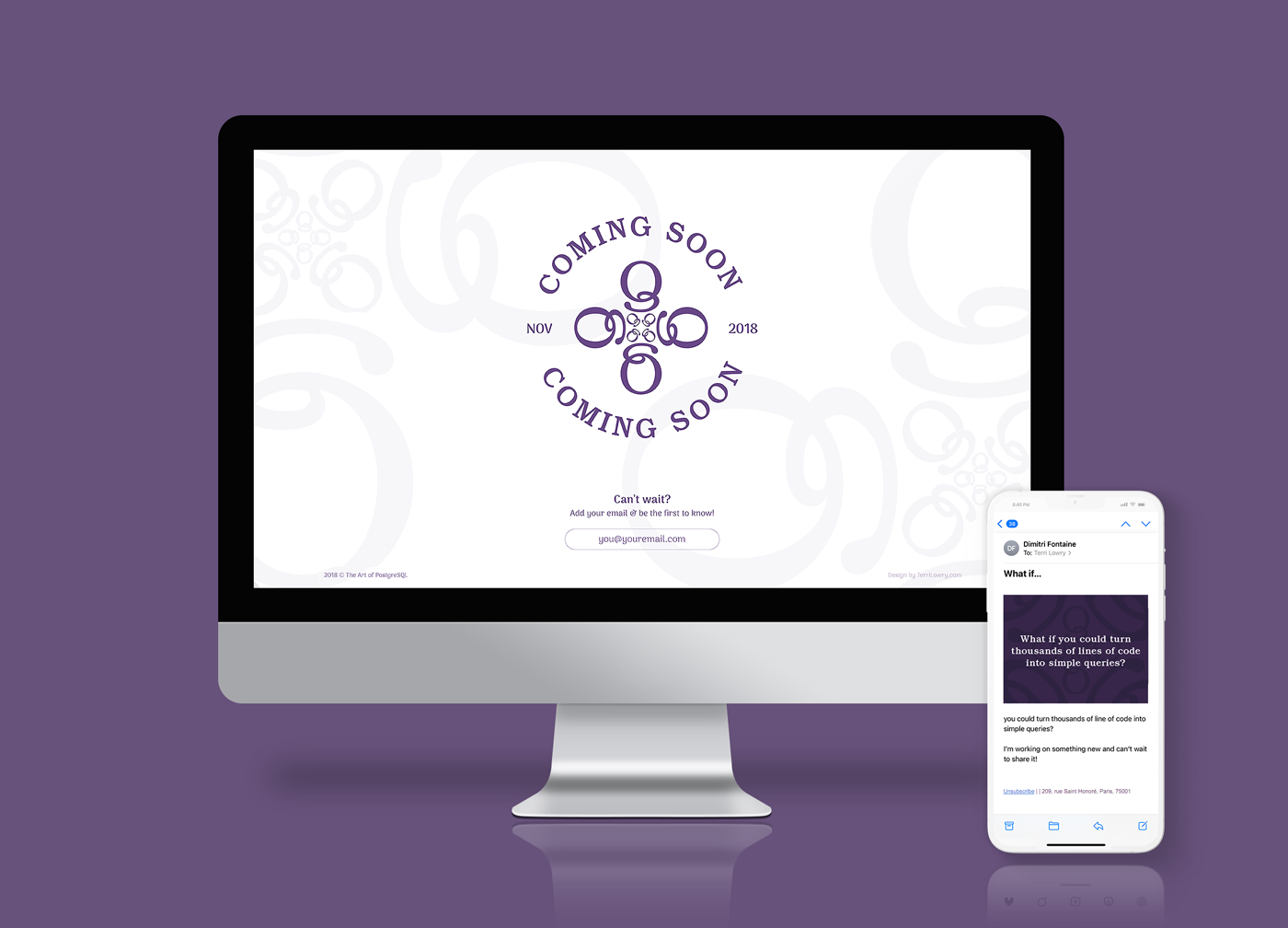 Coming Soon landing page on an iMac and teaser email on an iPhone