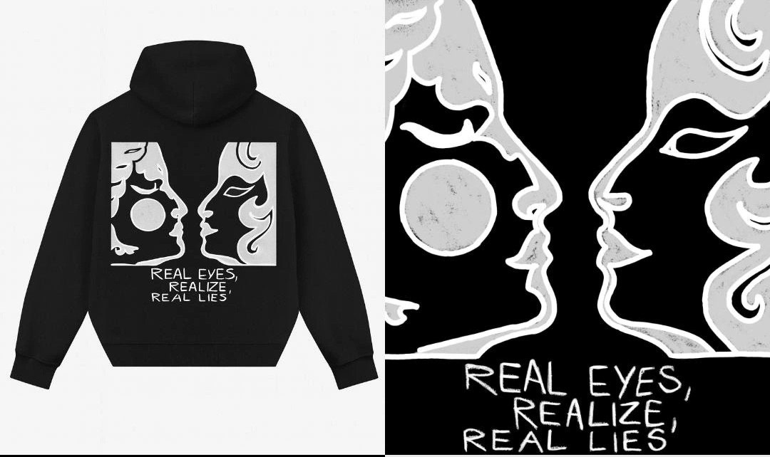 Are you really seeing, or just believing what they want you to see? “Real Eyes, Realize, Real Lies” is a reminder that illusion is everywhere. Our clothes don't sell stories — they provoke you to see with your own eyes. Two faces, one light. Real eyes see the lies that others take for truth. This drop is a manifesto of clarity — a symbol that instinct sees deeper than any filter.