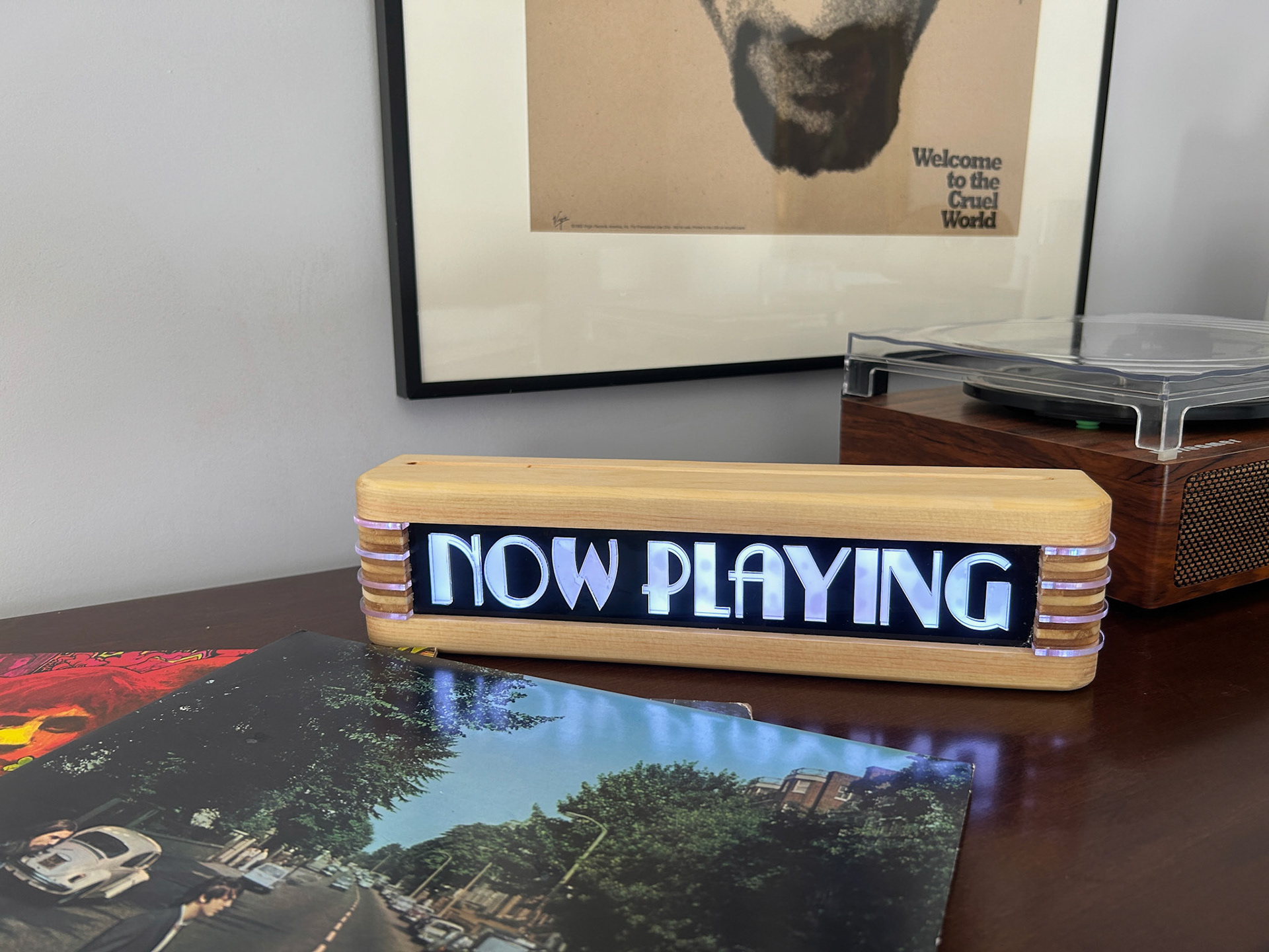 NOW PLAYING 13" Rechargeable Pine/Birch Art Deco Inspired Sign