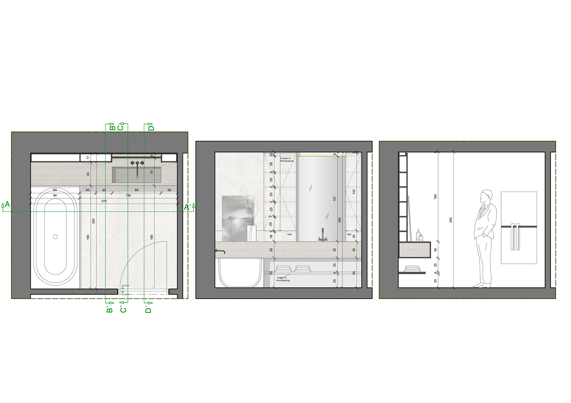 PLAN BADKAMER, AANZICHT AA`, BB