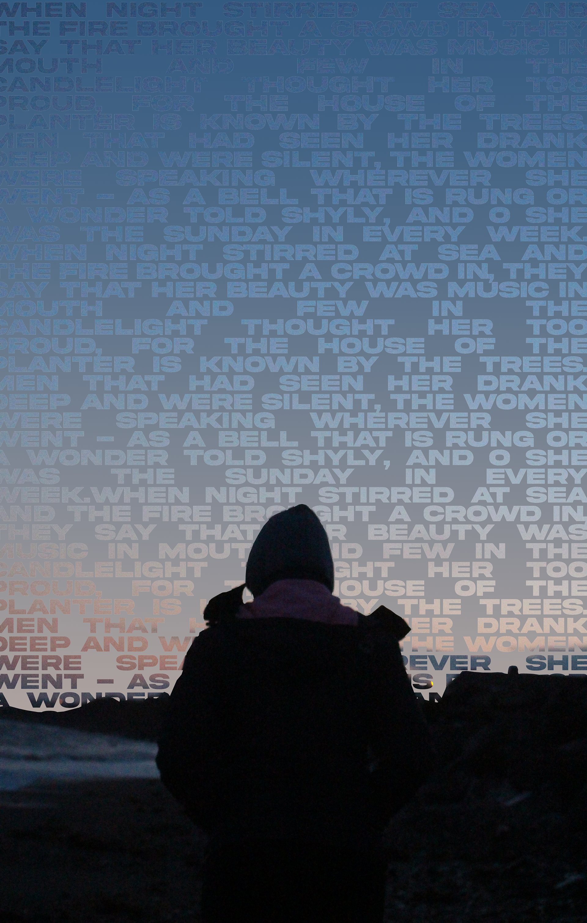 This image depicts a young girl silhouetted while walking along the beach. The sunset on the horizon has the words of the poem, "The Planter's Daughter," by Austin Clark. This image shows the empowerment of women in Irish culture and how the voices of women all around the world have changed so many things in the world
