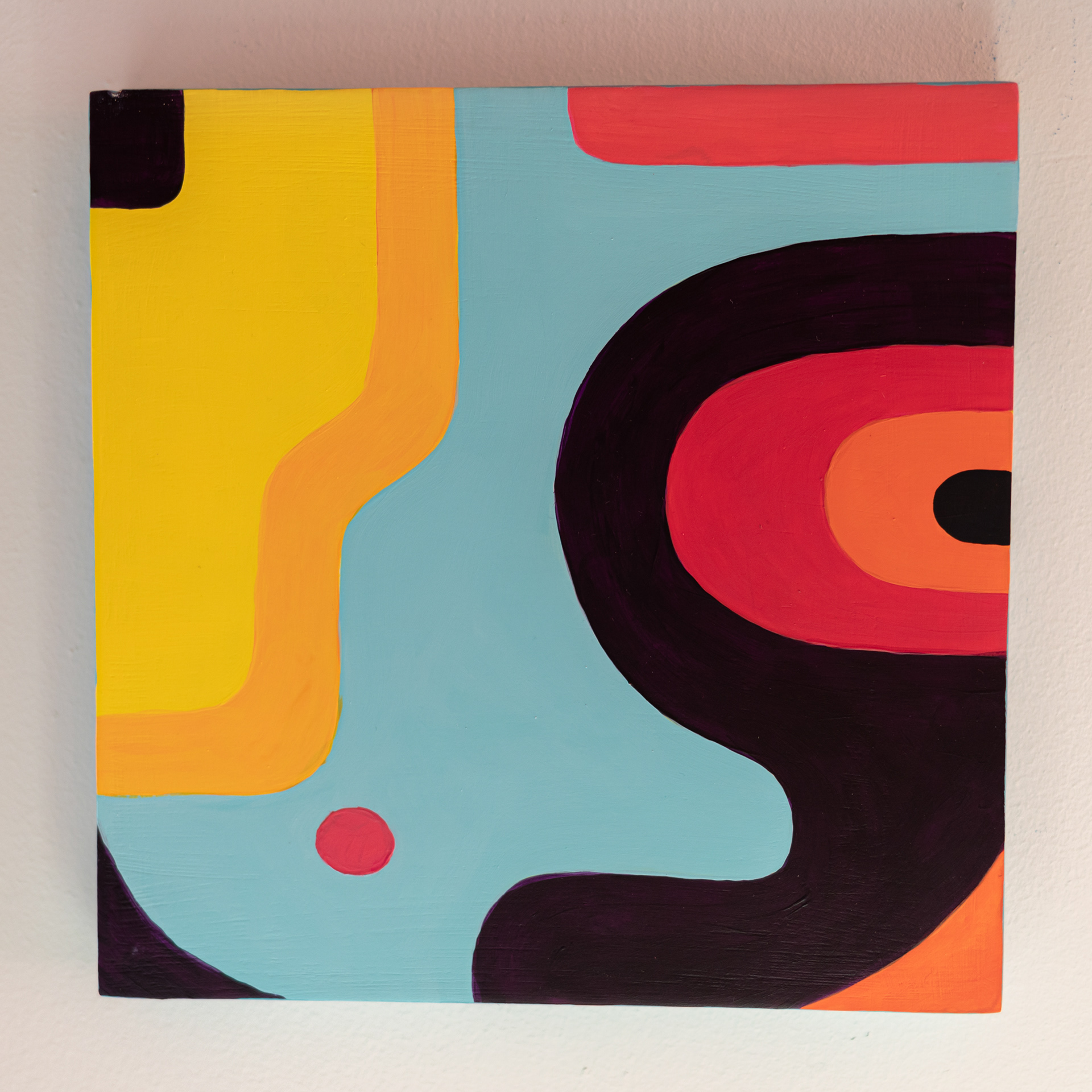 Abstract geometric pattern painted with acrylics on square wood panel.