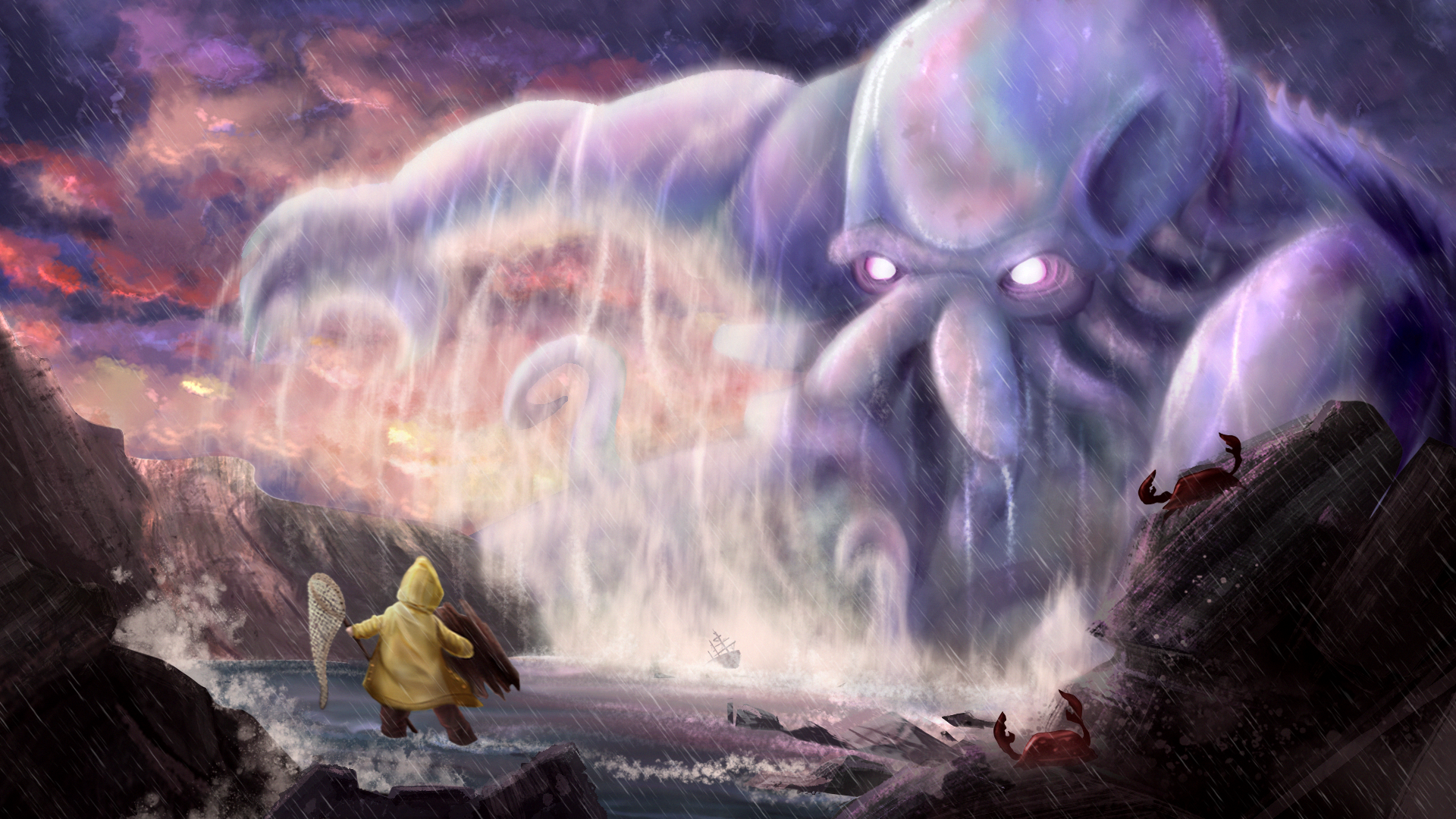 My First 'Concept Art' painting - a shipwrecked fisherman advances towards Cthulhu at Lyme Bay