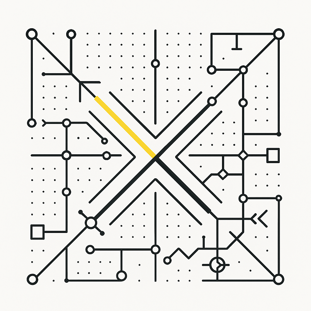 ✖️ Modular Blueprint: schematic line-art forming an X on an off-white grid background.