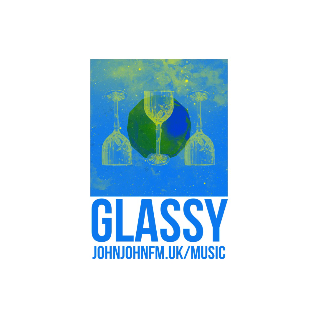 GLASSY promo pic: three, green-tinted crystal chalices hovering in front of a Platonic orb, beyond a blue and green cosmic backdrop.