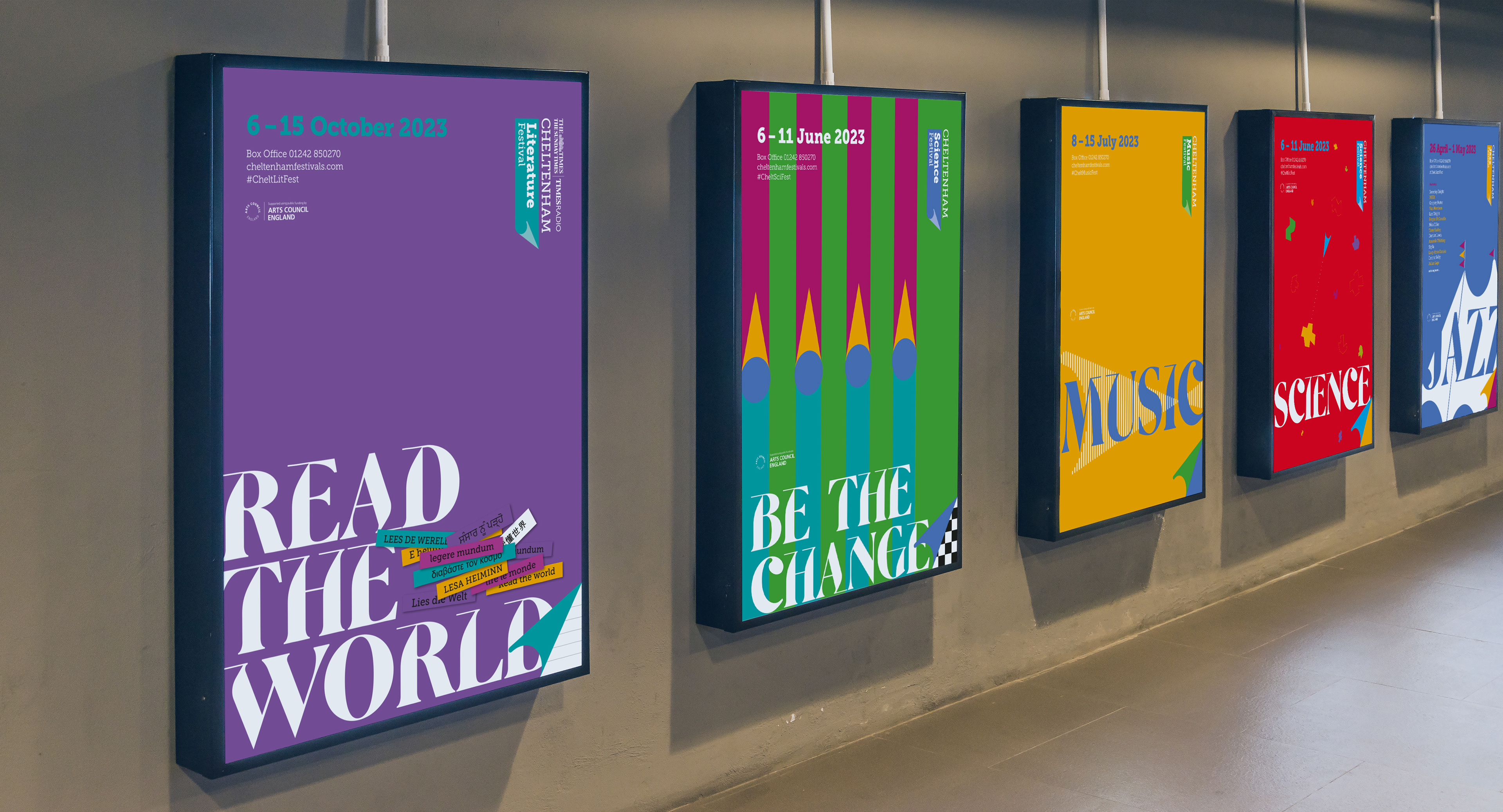 Suite of creative routes for the 2023 Cheltenham Festivals, including designs for posters and programme covers