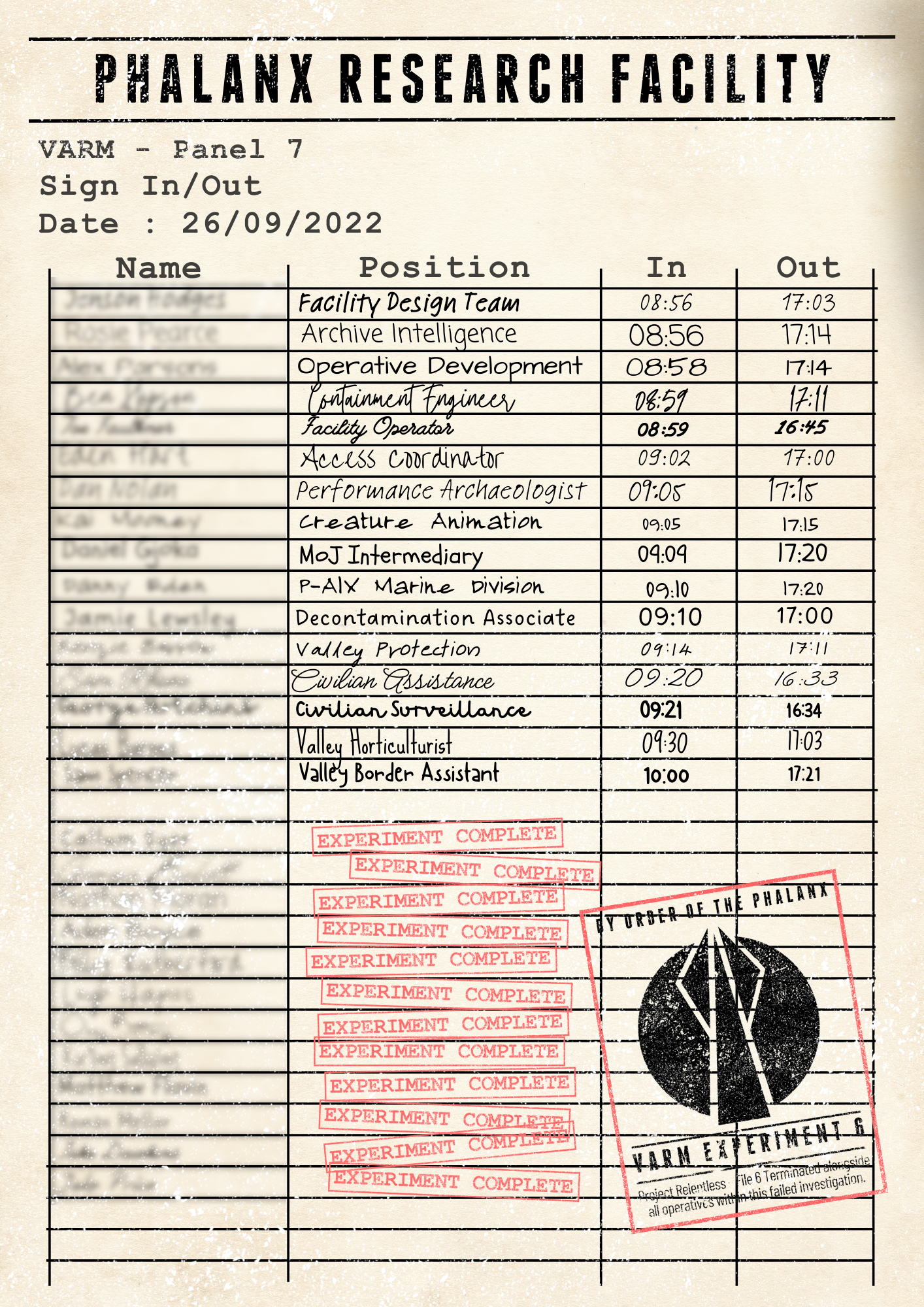 Sign in sheet