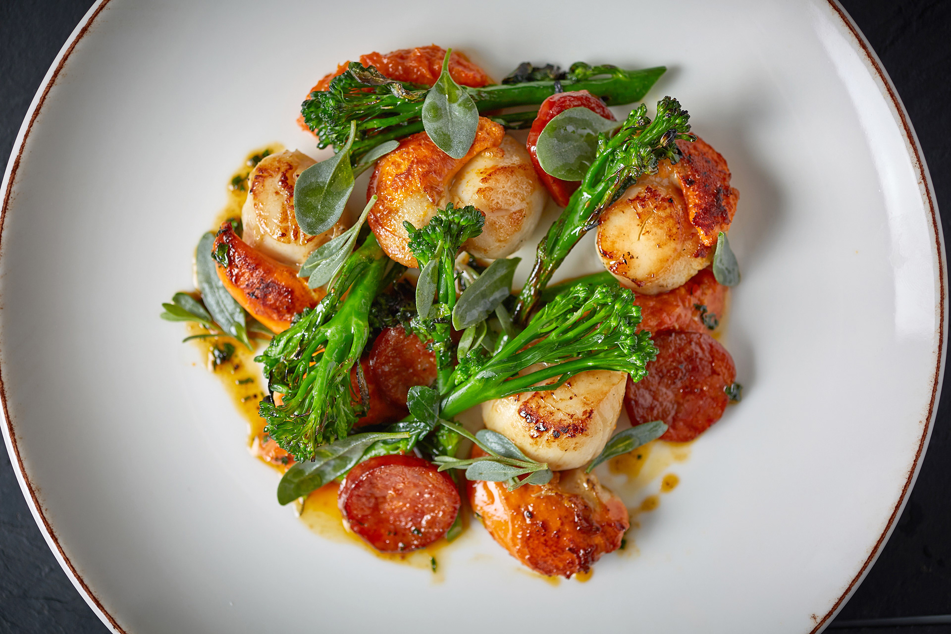 Isle of Man Scallops, Chorizo, Romesco Sauce, Bar and Grill
