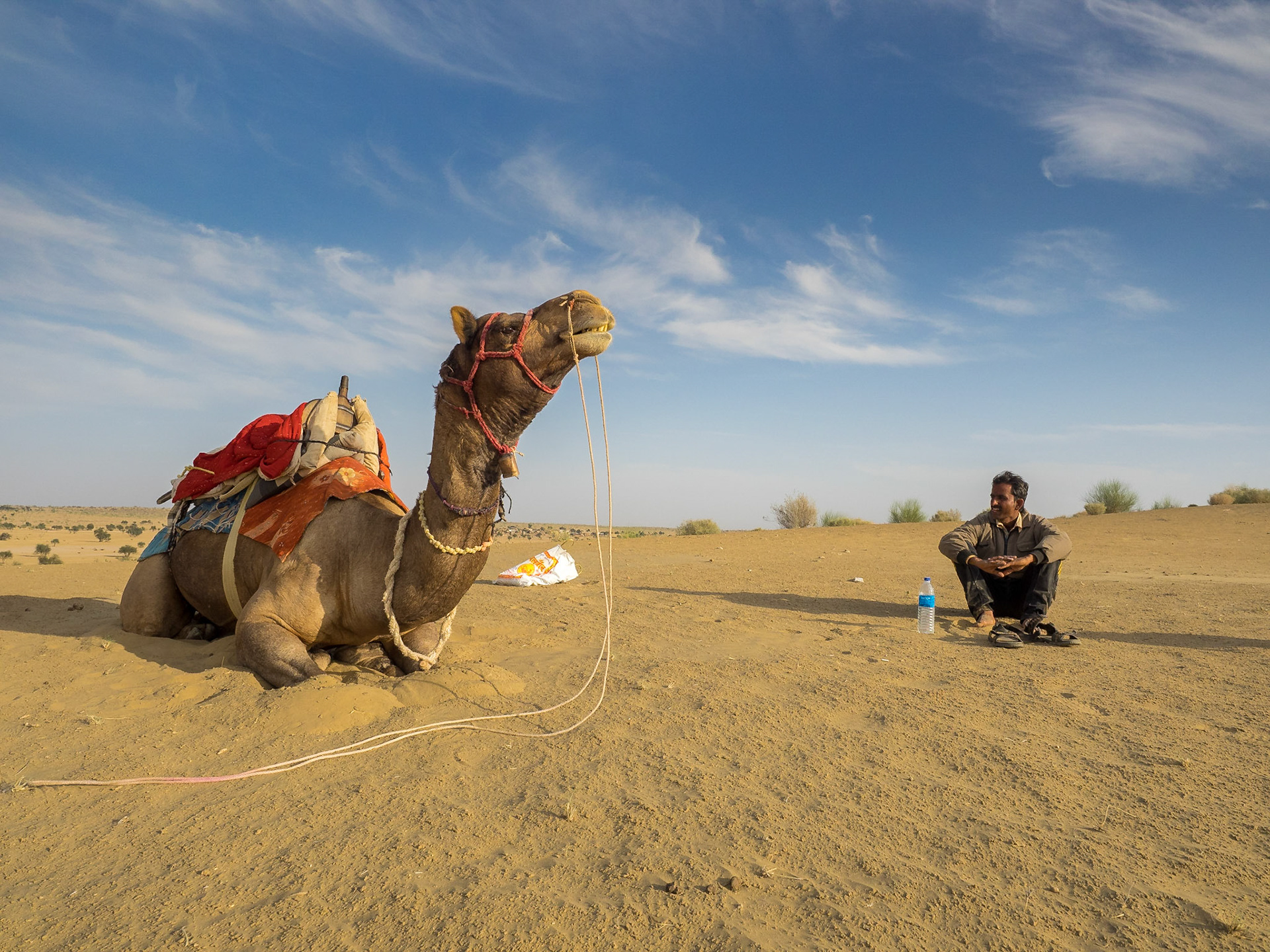 Au dela de Jaisalmer, vers le Pakistan, on peut trouver un désert, plutôt baffoué par le tourisme et les éoliennes.
Mais en allant plus loin, plus près de Pakistan ! On y retrouve une ambiance plus calme.
On ne verra pas les militaires éparpillés partout ;-)