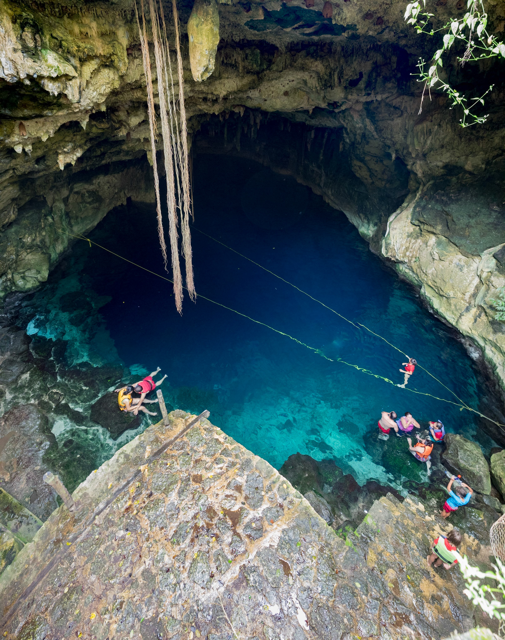 Une cénote est une grotte calcaire remplie d'eau.
Celle ci est grande, ouverte et bleue, mais il en existe des milliers.
Dans d'autres, on entre par un petit trou, puis une échelle interminable, pour finir dans une flaque d'eau de 25m de fond.

Ici, on peut plonger d'en haut, ou nager au fond, c'est un peu effrayant car il y a 12m de fond et des chauves souris.

C'est un endroit très fréquenté par les familles mexicaines le dimanche, et donc plein de joies et d'animations (et de canettes de bierre).