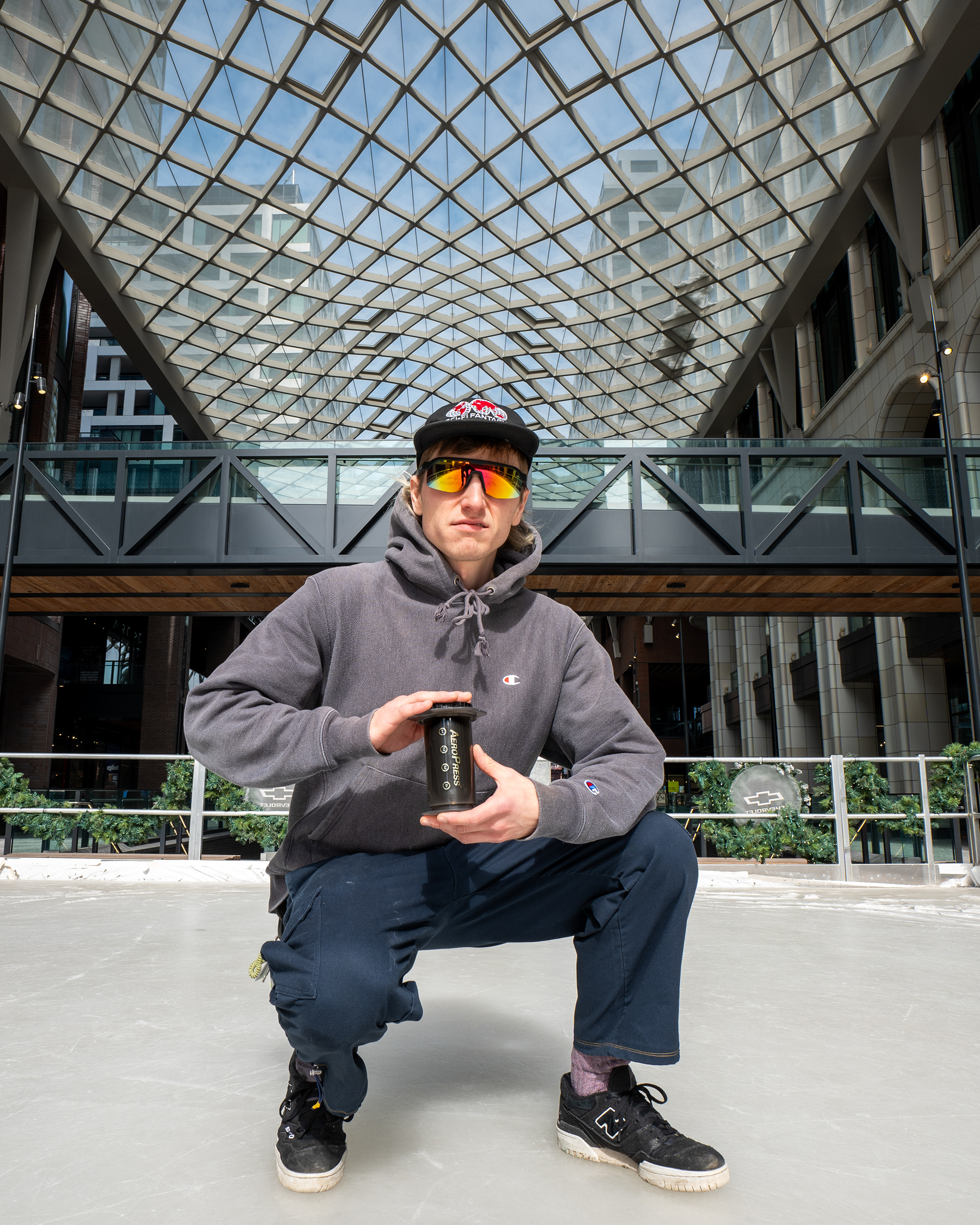 Product promotion for Fix Coffee + Bikes showcasing Aeropress with brand personality.