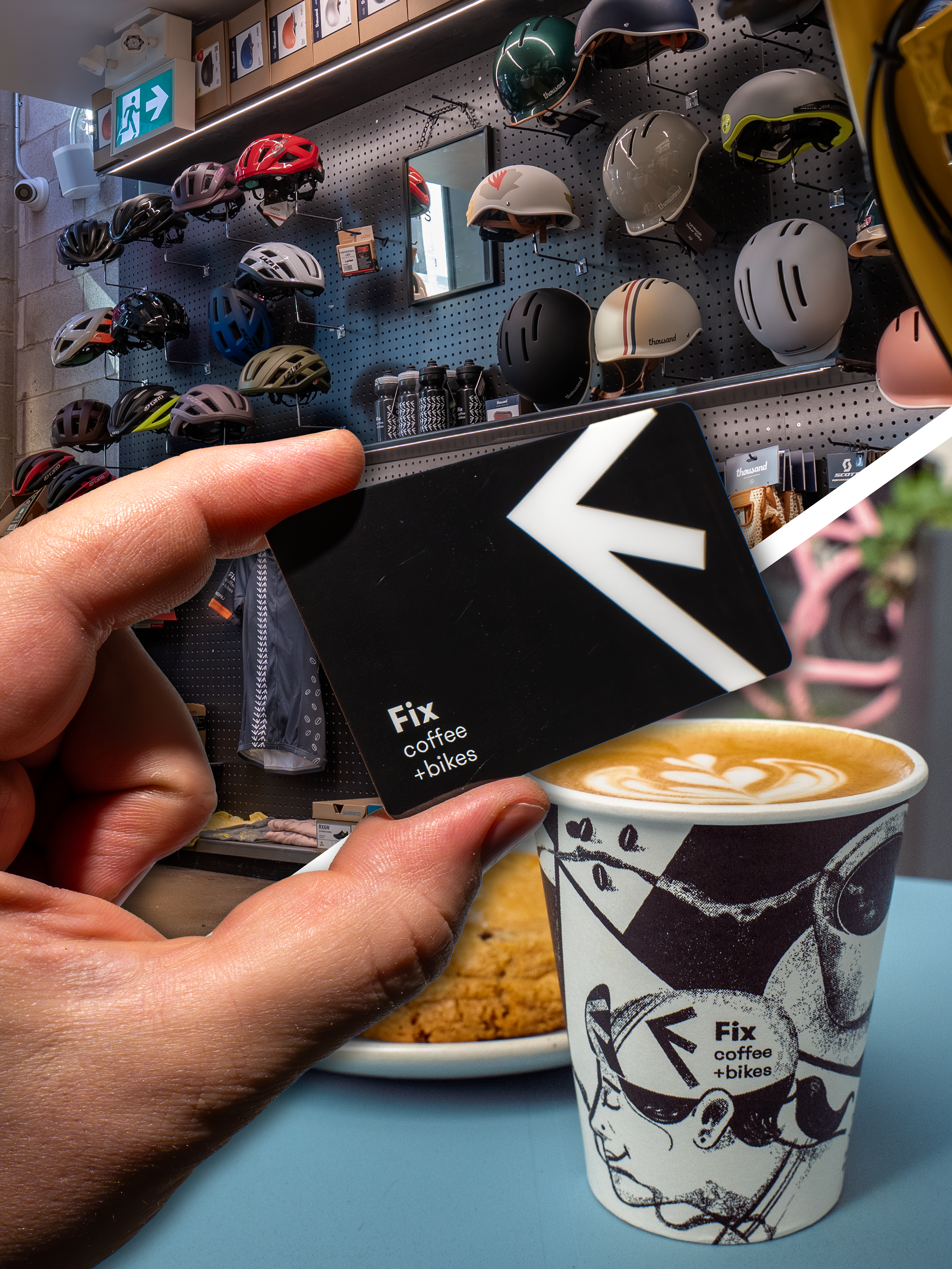 Lifestyle product content for Fix Coffee + Bikes gift card promotion.
