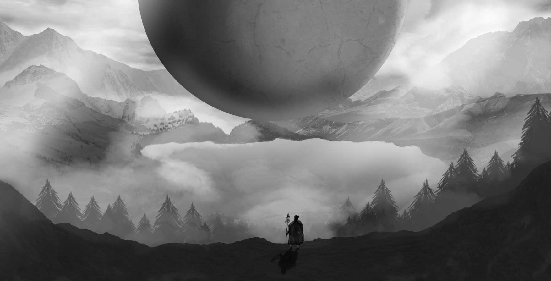 Illustration faite à la tablette graphique représentant un casque de samouraï géant réutiliser en refuge pour voyageurs du desert.