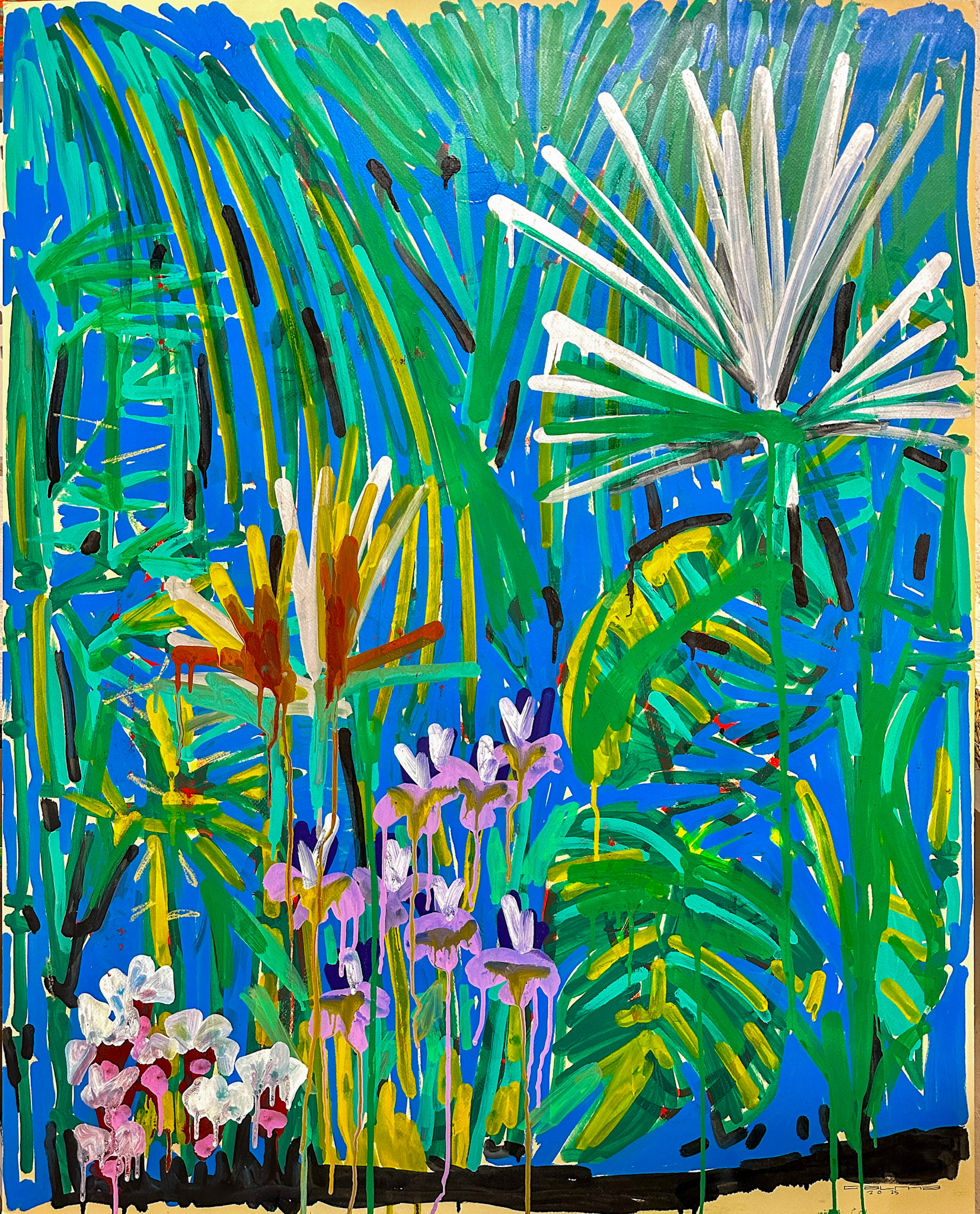 “Backyard Is Boomin”, 2025, graffiti markers and ink on Canson paper board, 40 x 30