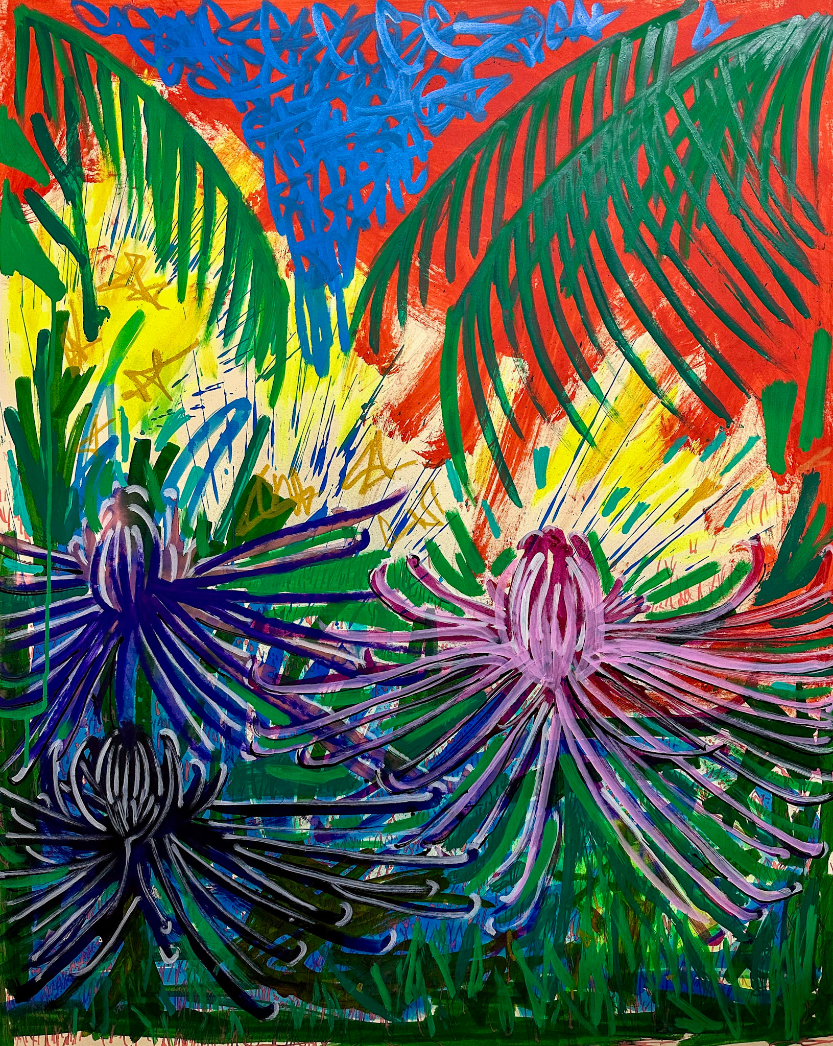 “Roaring Sunset”, 2026, graffiti markers and ink on Canson paper board, 42 x 32 x 0.75 in