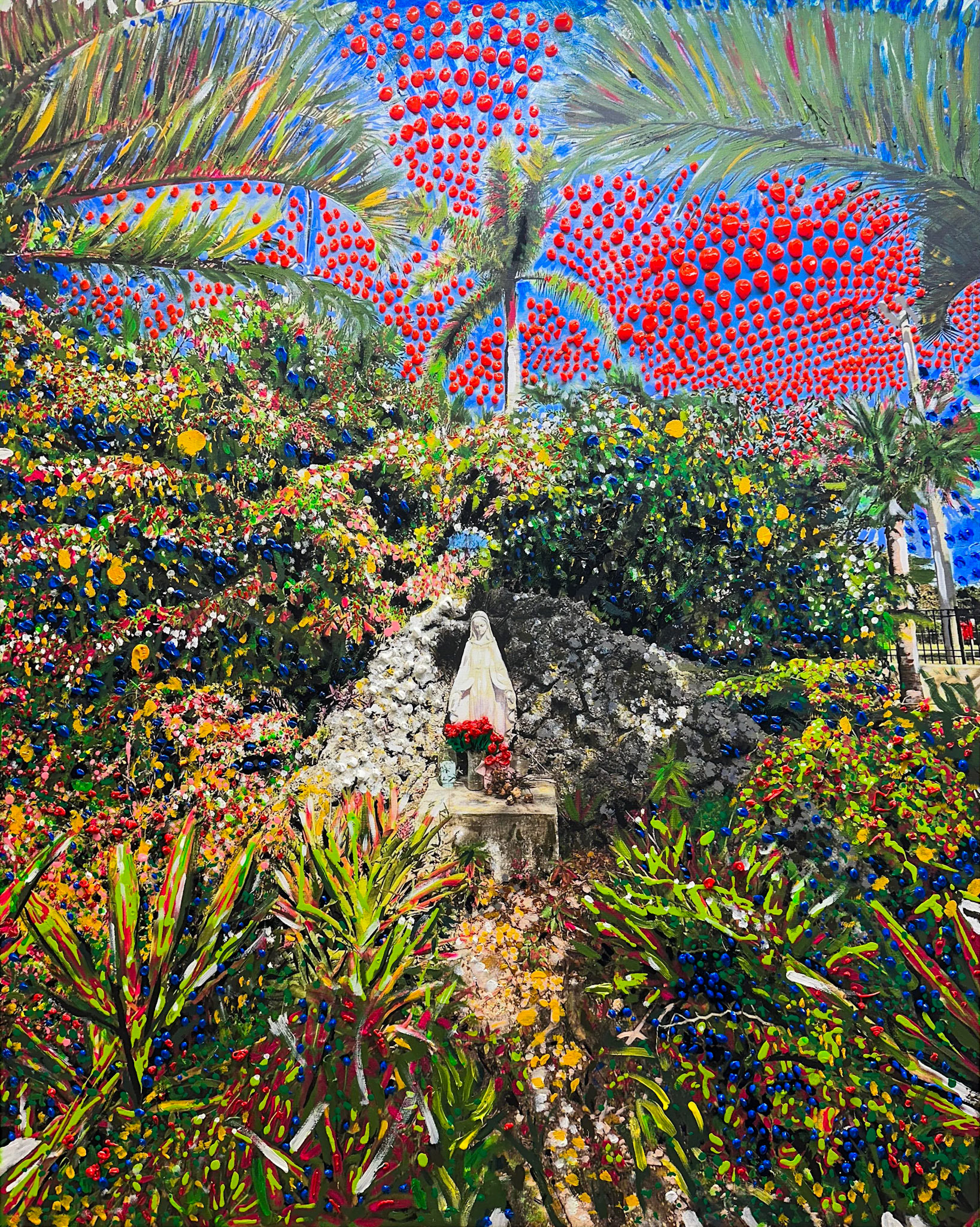 “Garden Altar at Barry University”, 2025,  printed photograph on canvas embellished with acrylic and oil paint 30 x 40 x 1.5 in
