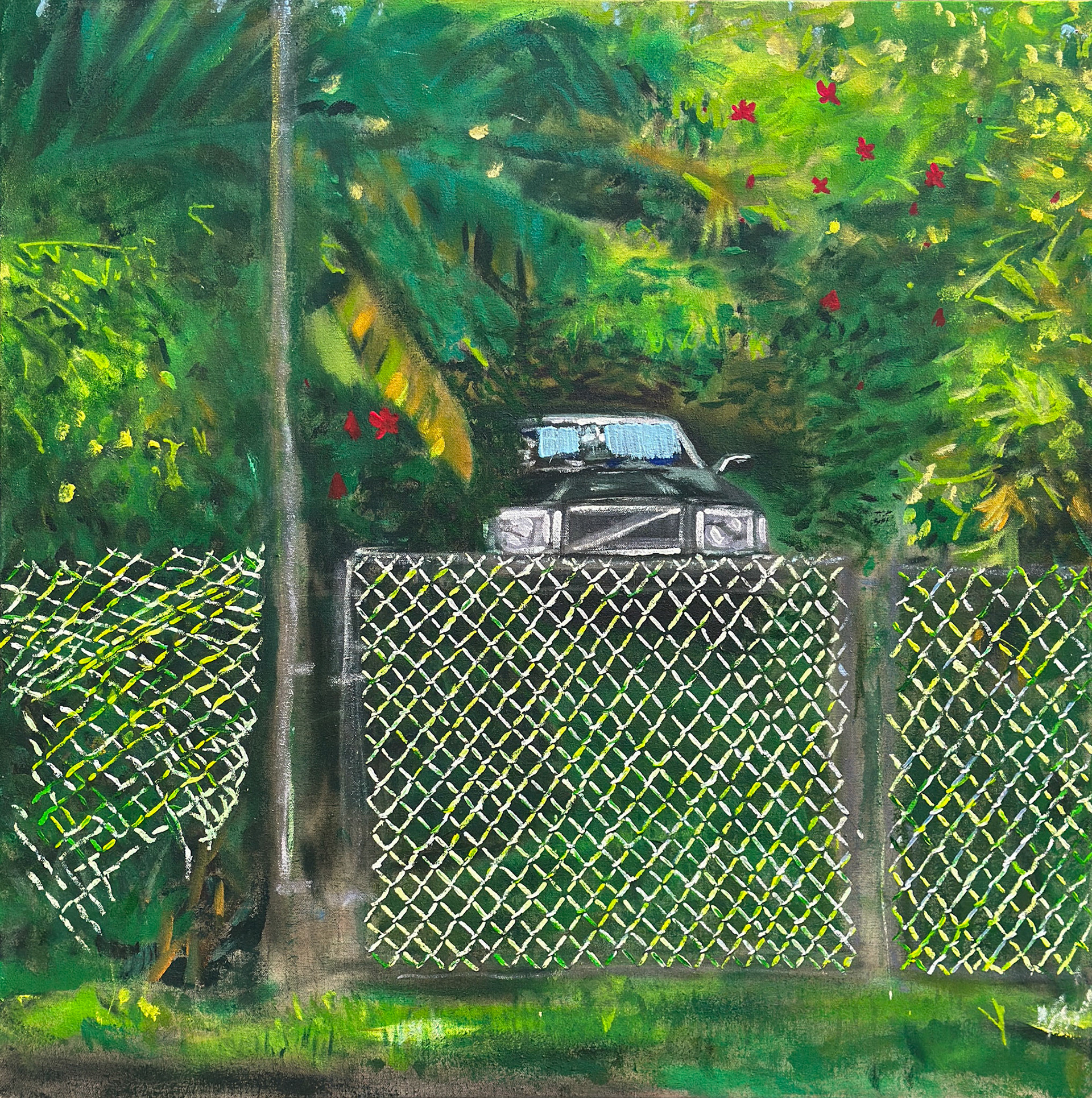 “Volvo in the Backyard”, 2025, acrylic paint on canvas with wooden stretcher, 35 x 35 in