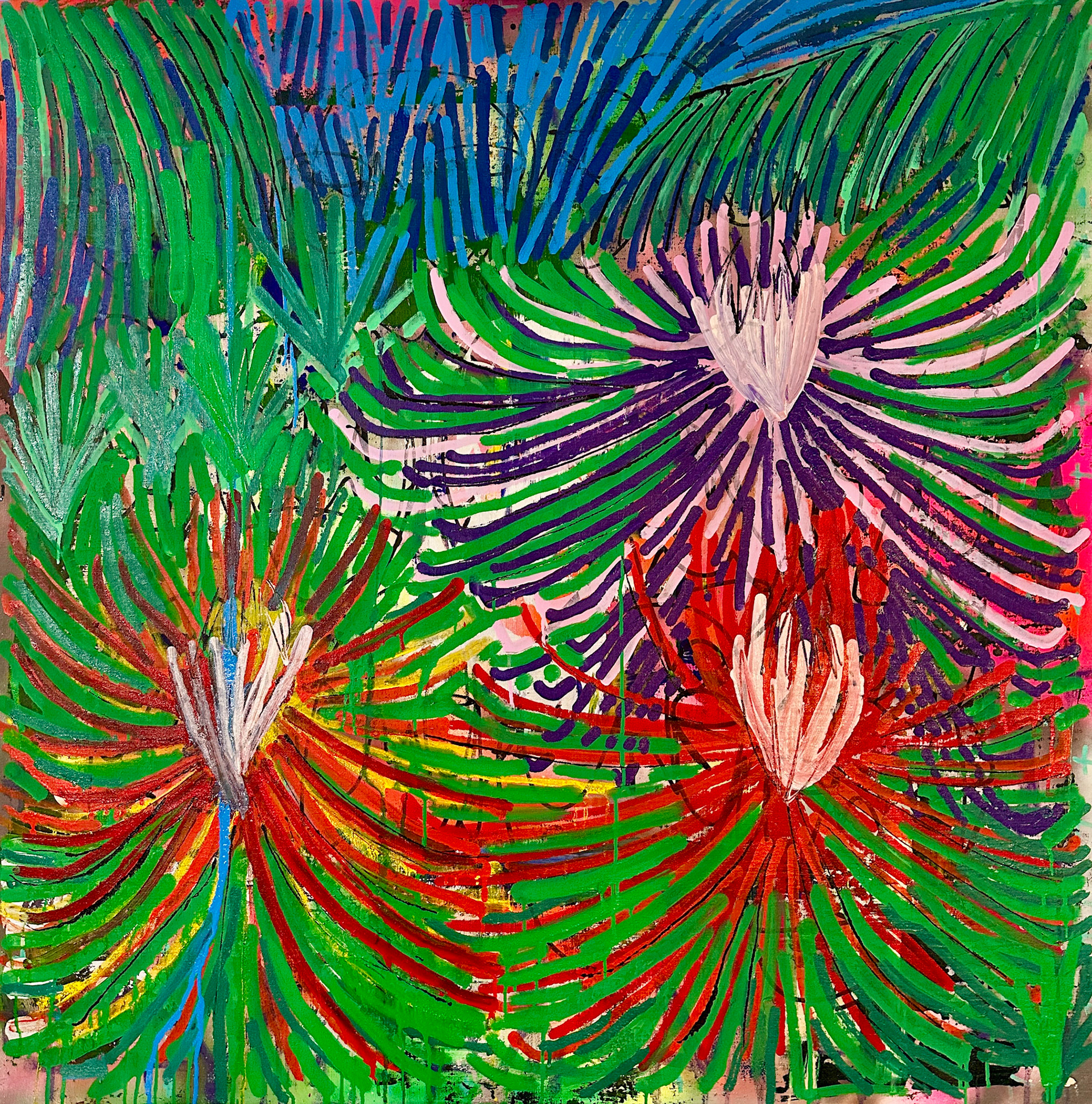 "Paradise Found" 2026 48 x 48 spray paint, acrylic and graffiti markers on Belgium linen