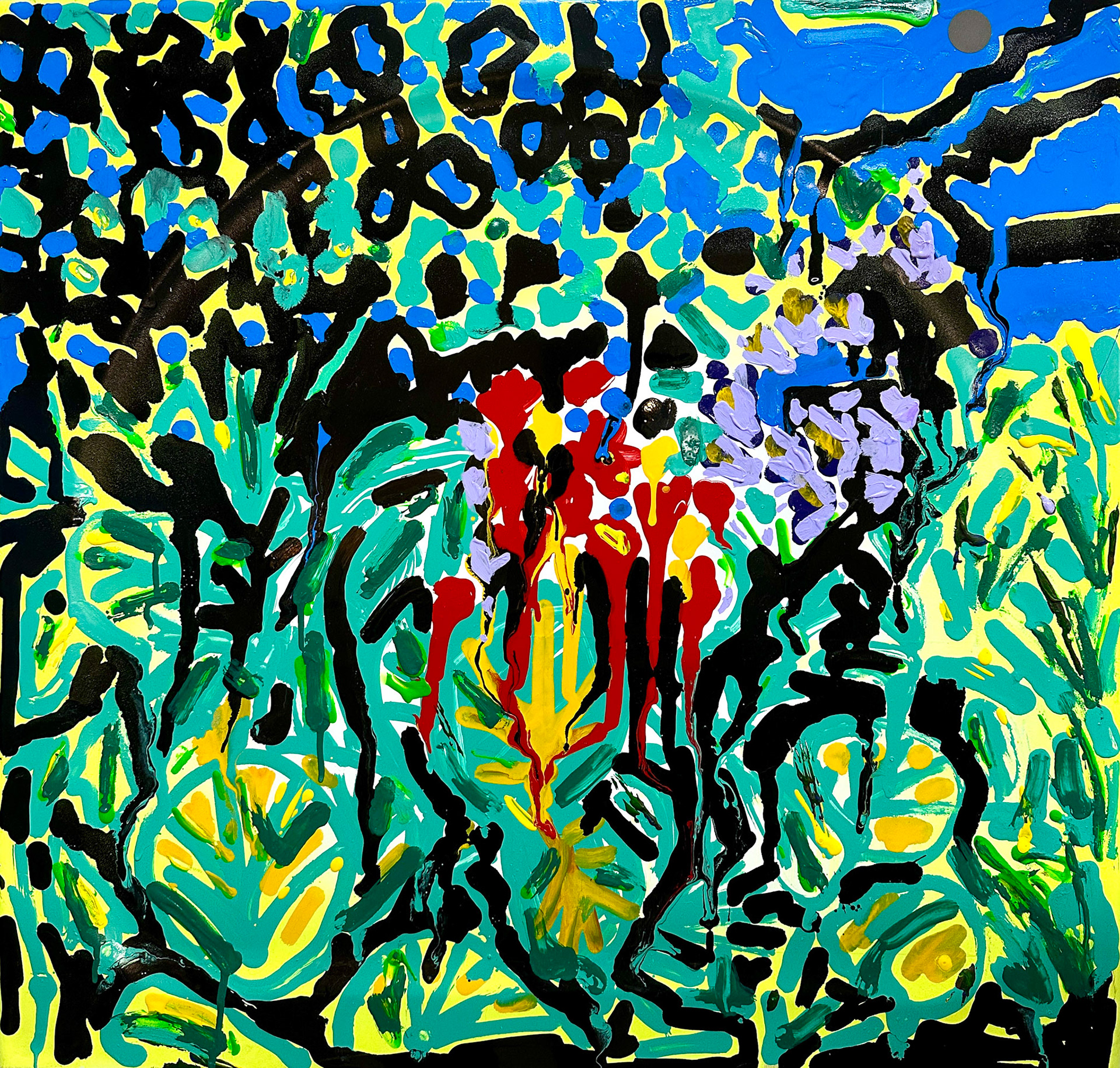 “Oleta State Park”, 2025, found metal object, graffiti markers and acrylic paint and hi viz sticker, 28 x 27 x 1 in