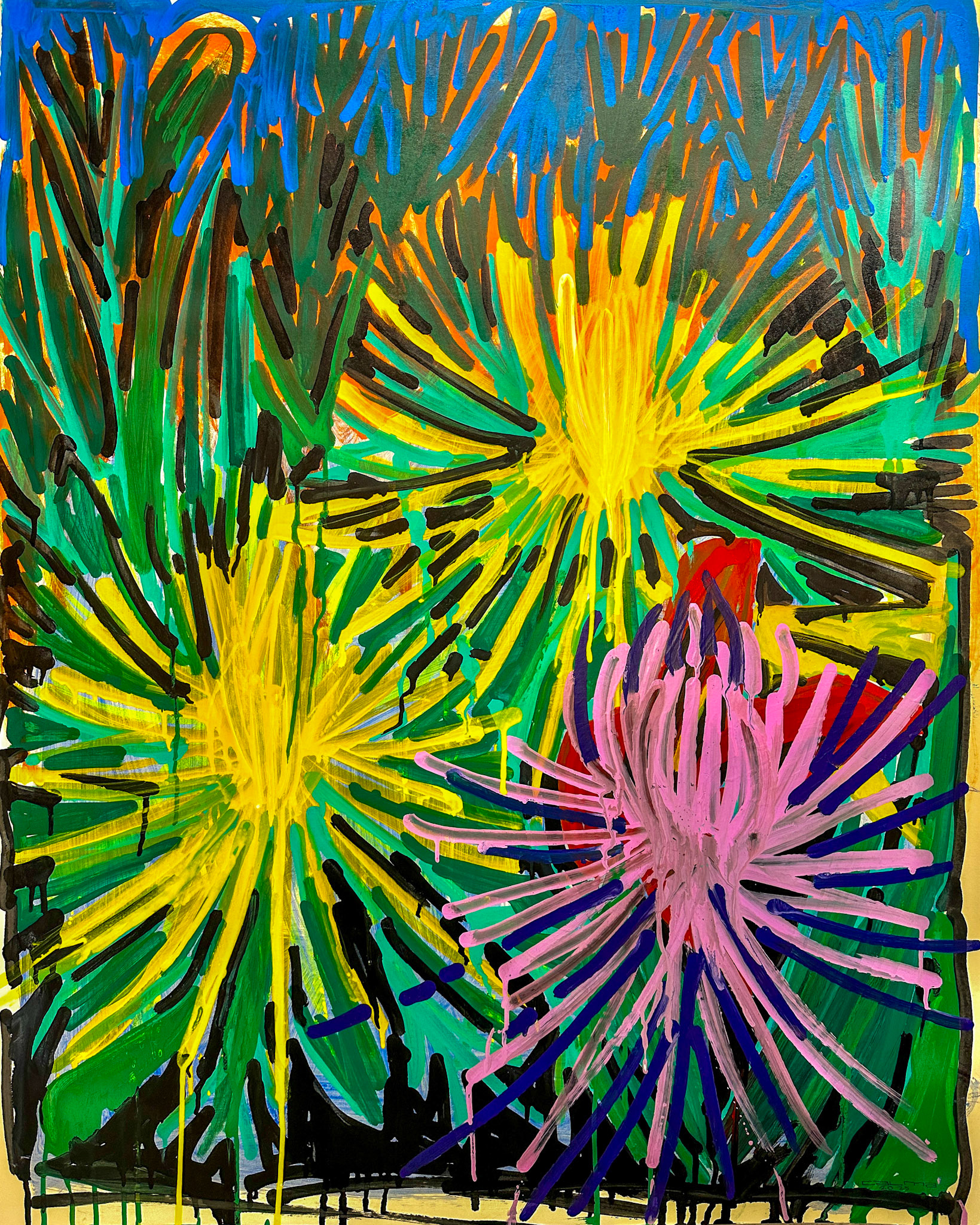 “Orange Sunset After a Storm”, 2025, graffiti markers and ink on Canson paper board, 40 x 30