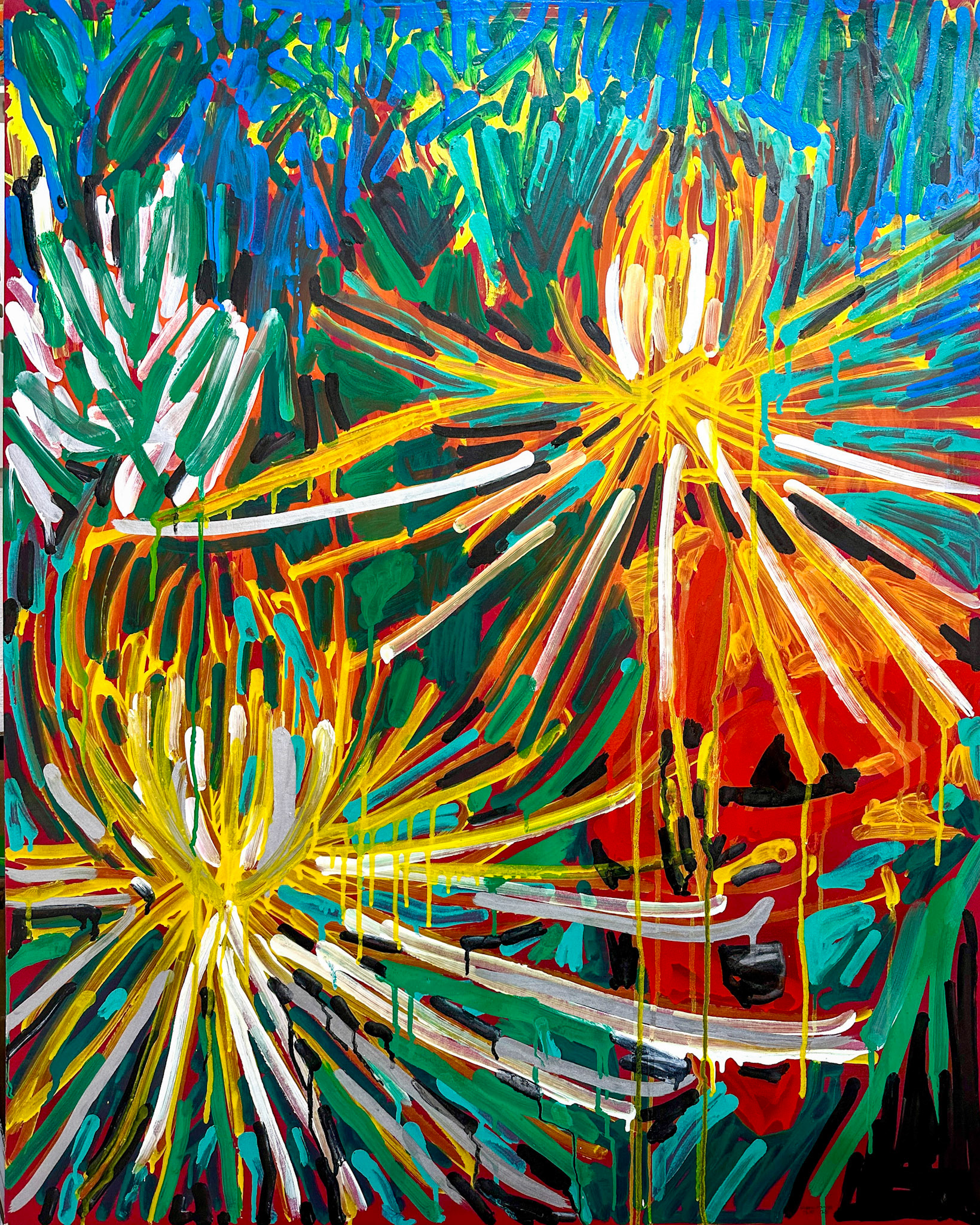 “Spider Mums in the Rain”, 2025, graffiti markers and ink on Canson paper board, 40 x 30